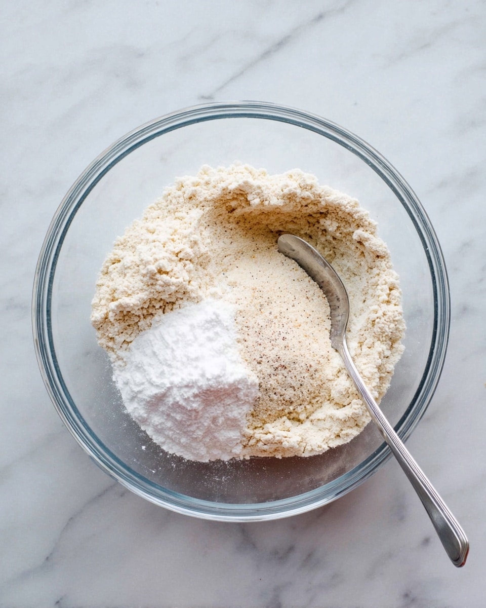 A clear glass bowl sits on a white marbled surface, filled with three layers of dry ingredients: a large base layer of light beige flour with a rough, powdery texture, a smaller mound of white powder which appears to be baking soda or baking powder on the left side, and a slightly darker, finer beige layer with tiny specks in the middle, likely a mix of sugar and spices. A silver spoon rests inside the bowl, leaning toward the right edge. photo taken with an iphone --ar 4:5 --v 7