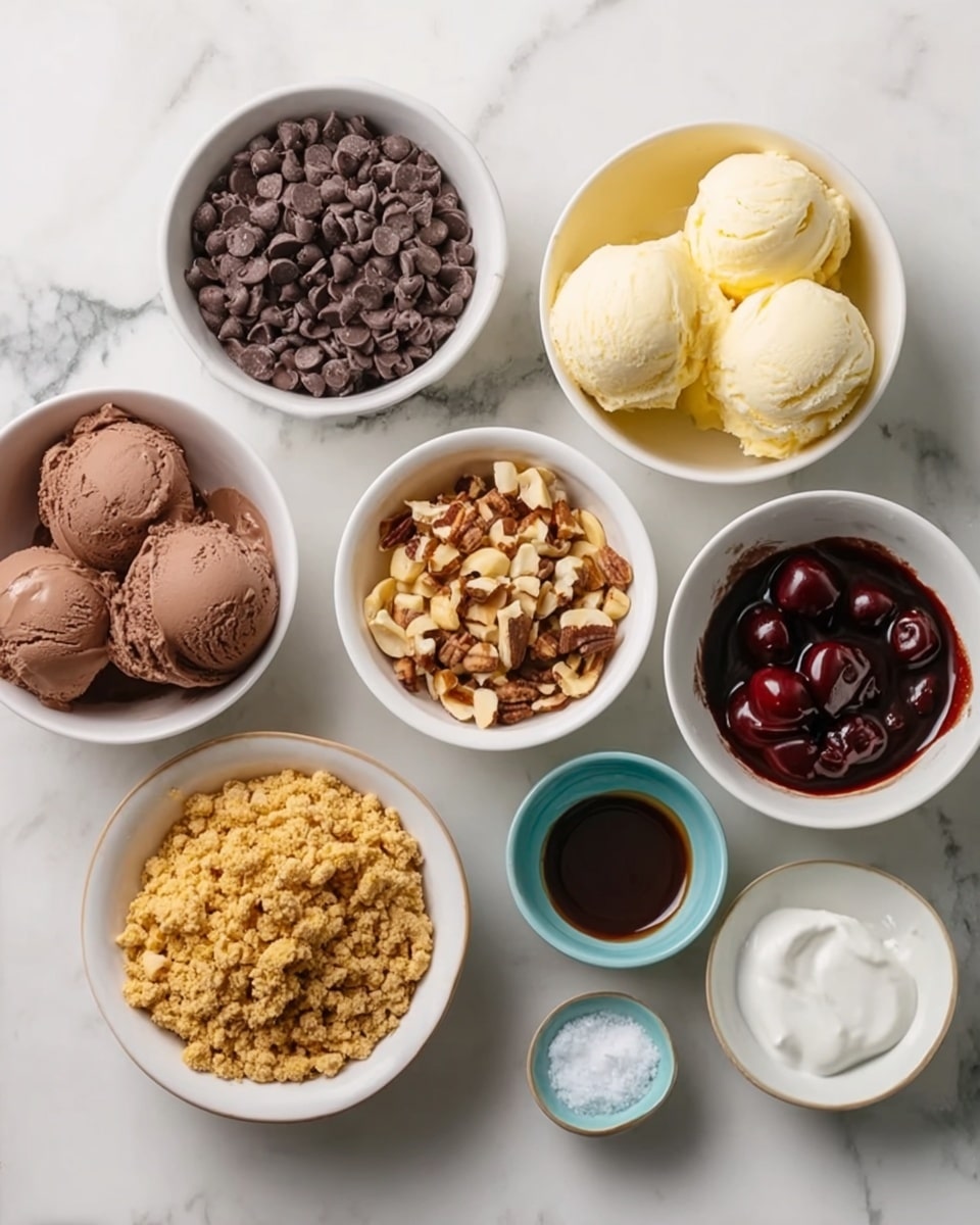 The image shows eight small white bowls on a white marbled surface, each holding a different ingredient. From the top left clockwise, the first bowl is full of dark chocolate chips, the second bowl has three scoops of chocolate ice cream with a smooth, creamy texture, and the third bowl contains three pale yellow scoops of vanilla ice cream. Continuing clockwise, there is a bowl filled with chopped nuts with a light brown color, followed by a small bowl of white coconut oil with a soft texture, a small bowl of dark brown chocolate sauce, and a tiny bowl with several dark maraschino cherries in syrup. The last bowl, located at the bottom left, contains golden brown biscuit crumbs with a crumbly texture. Photo taken with an iphone --ar 4:5 --v 7