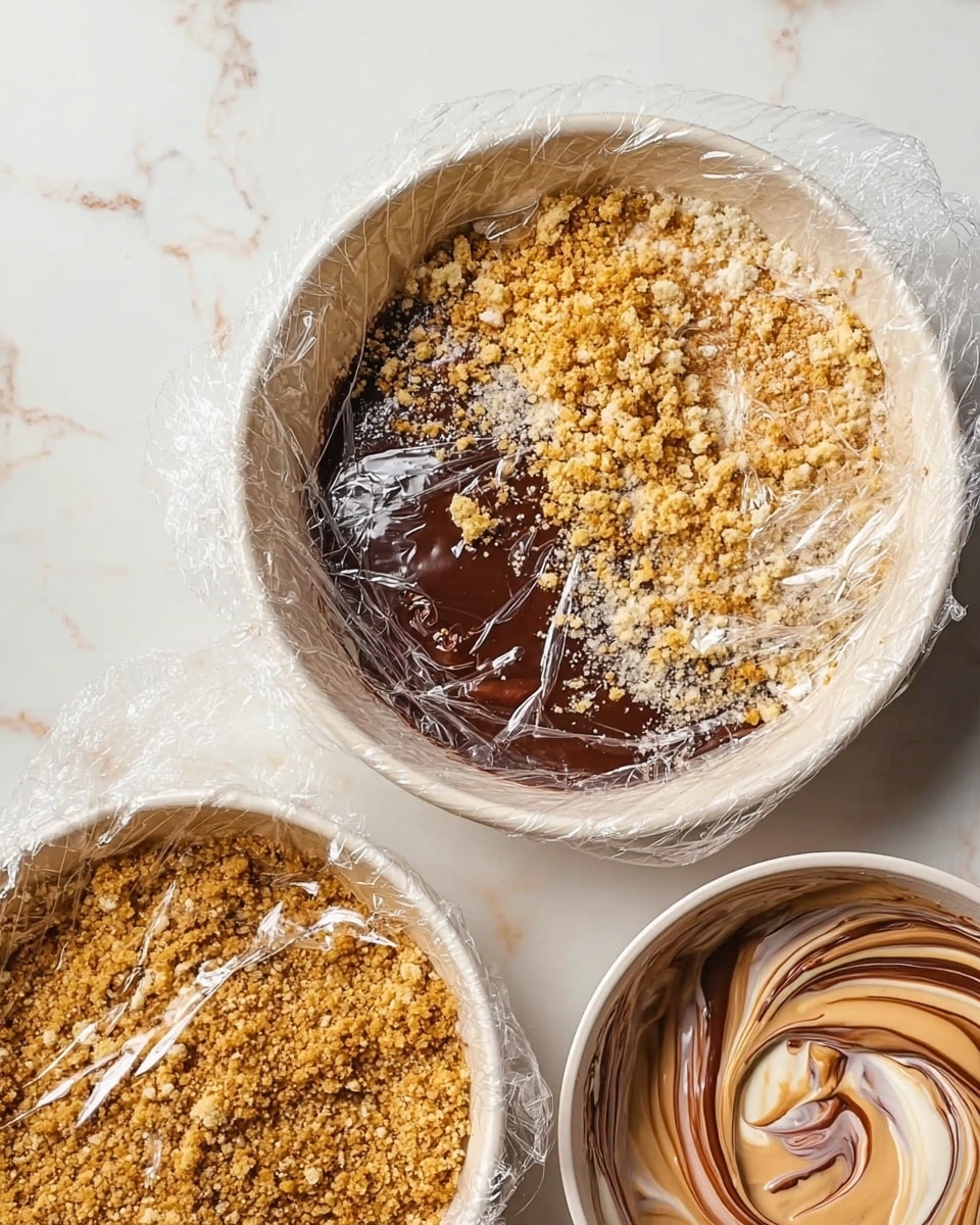The image shows three white bowls partially covered with clear plastic wrap, placed on a white marbled surface. The biggest bowl in the center contains two layers: one side has a dark brown sauce with a smooth texture, and the other side is covered with light golden brown crumbly bits scattered unevenly on top. To the left, a smaller bowl is filled entirely with the same light golden brown crumbly bits. On the right, the smallest bowl has swirled light and dark brown creamy sauce mixed together under the clear plastic wrap. photo taken with an iphone --ar 4:5 --v 7