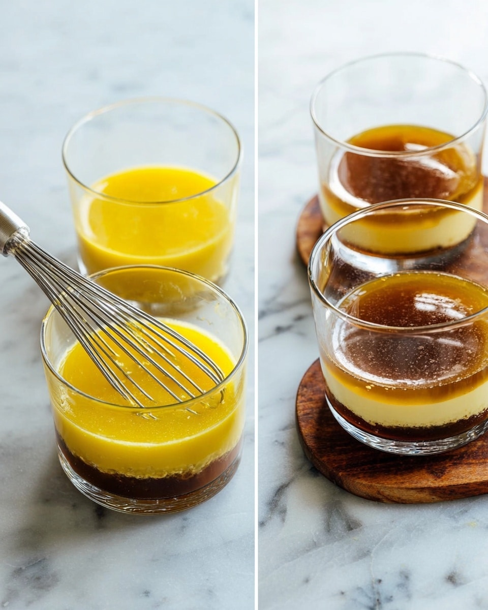 The image shows four clear glass cups with layered liquids inside, placed on a white marbled surface. Each cup contains two visible layers: a darker brown layer at the bottom and a bright yellow layer on top, giving a shiny and smooth texture. One cup has a silver whisk inside, mixing the layers together, and the layers appear thick and well combined in this cup. The rest of the cups show the two layers separated clearly, with the brown layer thin and glossy, and the yellow layer more liquid and vibrant. The overall look is clean with light reflection on the glass. Photo taken with an iphone --ar 4:5 --v 7