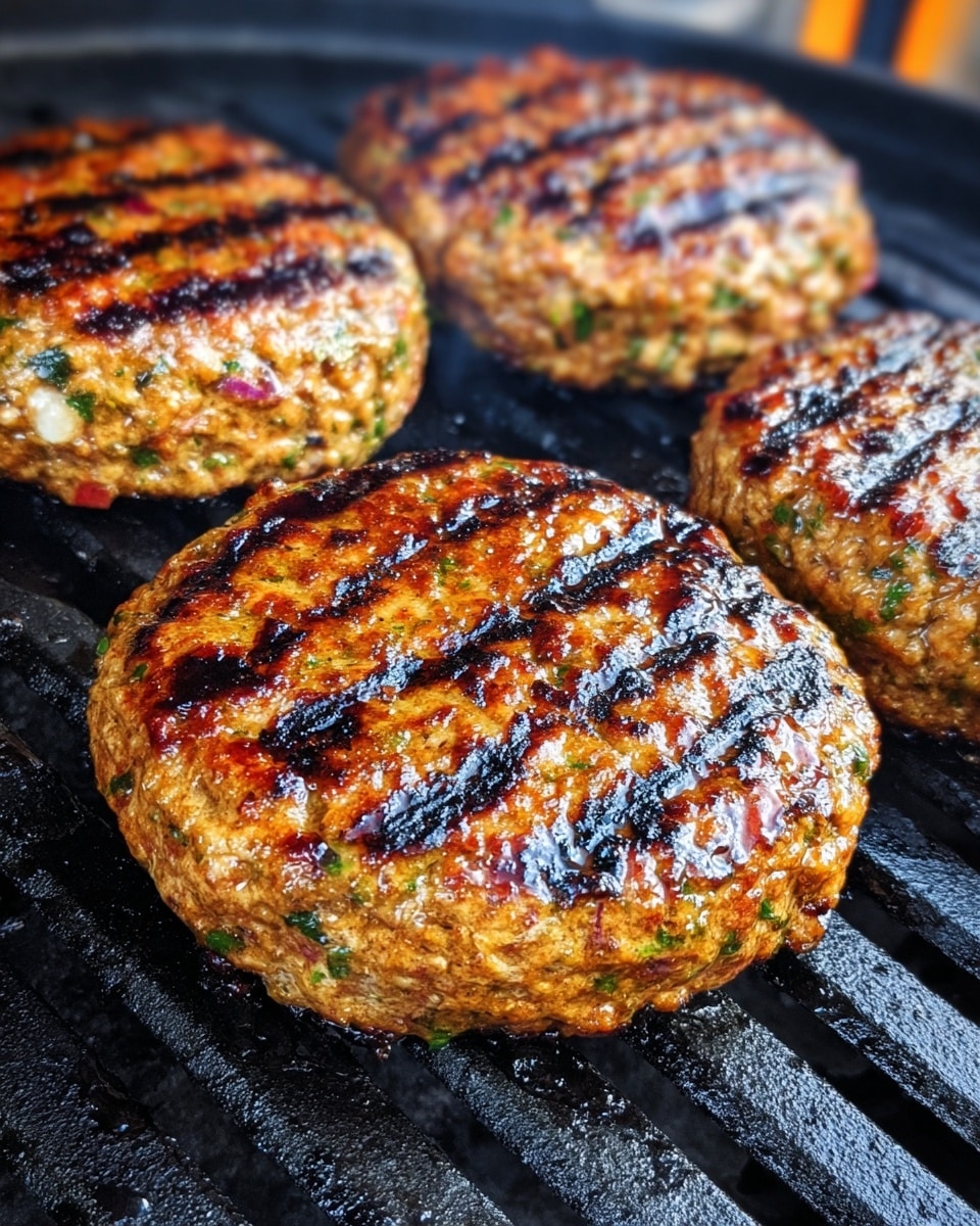 Four round grilled patties with a golden brown color and dark grill marks are cooking on a black grill surface. The patties show specks of green and red herbs and spices throughout, with a glossy, slightly oily finish indicating they are juicy. The grill's heat creates a shiny, caramelized texture on each patty with some charred spots. The scene shows close-up detail of the cooking process, highlighting the contrast between the cooked surface and the grill lines. Photo taken with an iphone --ar 4:5 --v 7