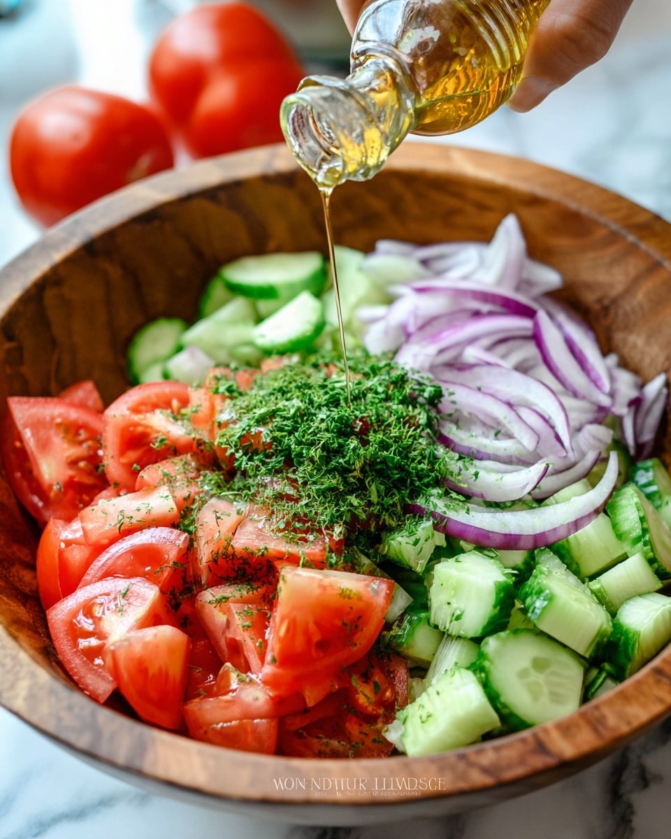 A wooden bowl holds a fresh salad with several colorful layers: at the bottom are bright red tomato wedges, to the right are thin half rings of purple onion, and on the left side are thick cucumber slices and chunks, all topped with a small pile of finely chopped green herbs in the center. A woman's hand is pouring golden oil from a small glass bottle over the herbs. In the background, red tomatoes are slightly blurred. The bowl is resting on a white marbled surface photo taken with an iphone --ar 4:5 --v 7