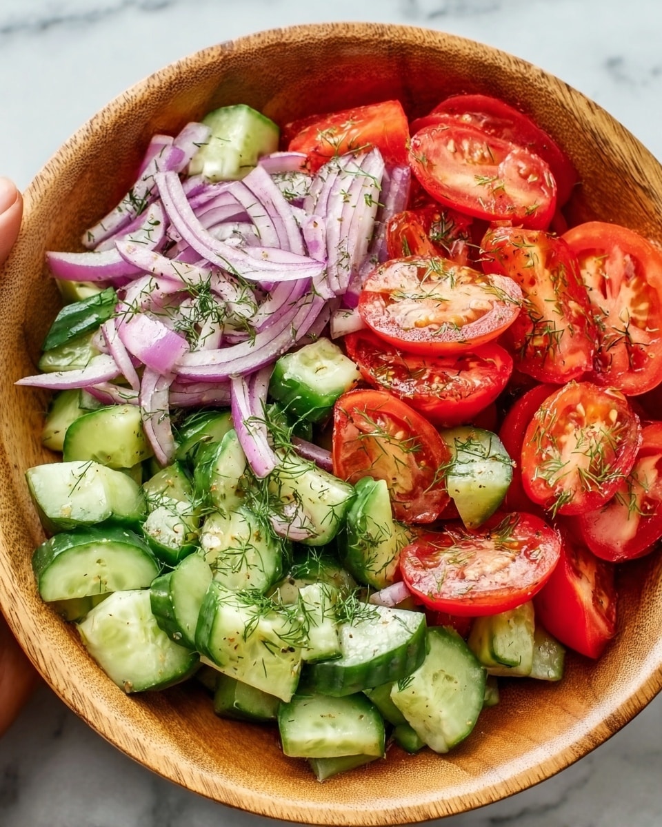 A wooden bowl filled with a colorful salad made of three main layers: the bottom layer has bright green cucumber slices, some whole and some chopped into chunks with a fresh, juicy texture; the middle layer shows vivid red tomato wedges with a shiny, smooth surface; the top layer features thin, curved strips of purple onion scattered evenly, adding a light crunch and some dark green dill sprinkled all over for detail. The bowl is on a white marbled surface. A woman's hand is holding the wooden bowl slightly from the side. photo taken with an iphone --ar 4:5 --v 7