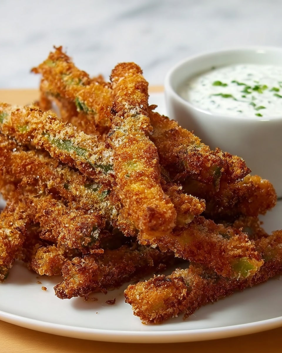 A close-up image shows a pile of crispy, golden-brown fried sticks with small green bits inside, arranged on a white plate. The sticks have a rough, crunchy texture and are stacked unevenly, with some leaning against each other. Behind the pile, a small white bowl filled with a creamy white dipping sauce with visible herb specks sits on the same plate. The scene is set on a white marbled surface with soft lighting highlighting the crunchy texture of the sticks. Photo taken with an iphone --ar 4:5 --v 7