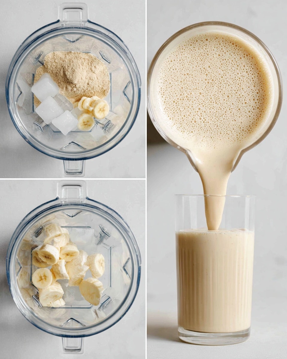 The image shows three parts of making a smoothie. On the left, a clear blender jar holds ingredients like light beige powder, small light yellow banana slices, ice cubes, and a white liquid at the bottom, all visible from above. In the middle part, the blender jar now contains a creamy, light beige foamy mixture covering the whole inside surface evenly. On the right, a close-up shows a glass filled with a thick, creamy beige drink being poured from the blender, with the white marbled surface beneath. photo taken with an iphone --ar 4:5 --v 7
