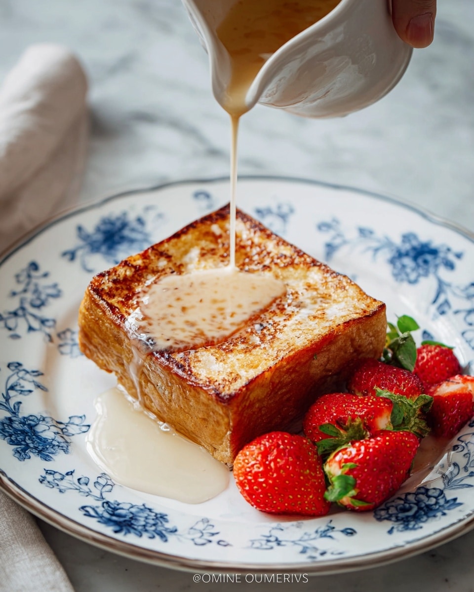 A thick, square piece of golden brown toast with a slightly crispy, textured surface sits on a white plate with blue floral designs along the edges. A light cream-colored syrup is being poured slowly over the center of the toast, forming a glossy, smooth layer that flows toward the edges. Next to the toast, on the same plate, is a small pile of bright red strawberries with green leafy tops, adding a vibrant color contrast. The whole setup rests on a white marbled textured surface, with part of a woman’s hand holding the syrup container visible at the top right corner. Photo taken with an iphone --ar 4:5 --v 7