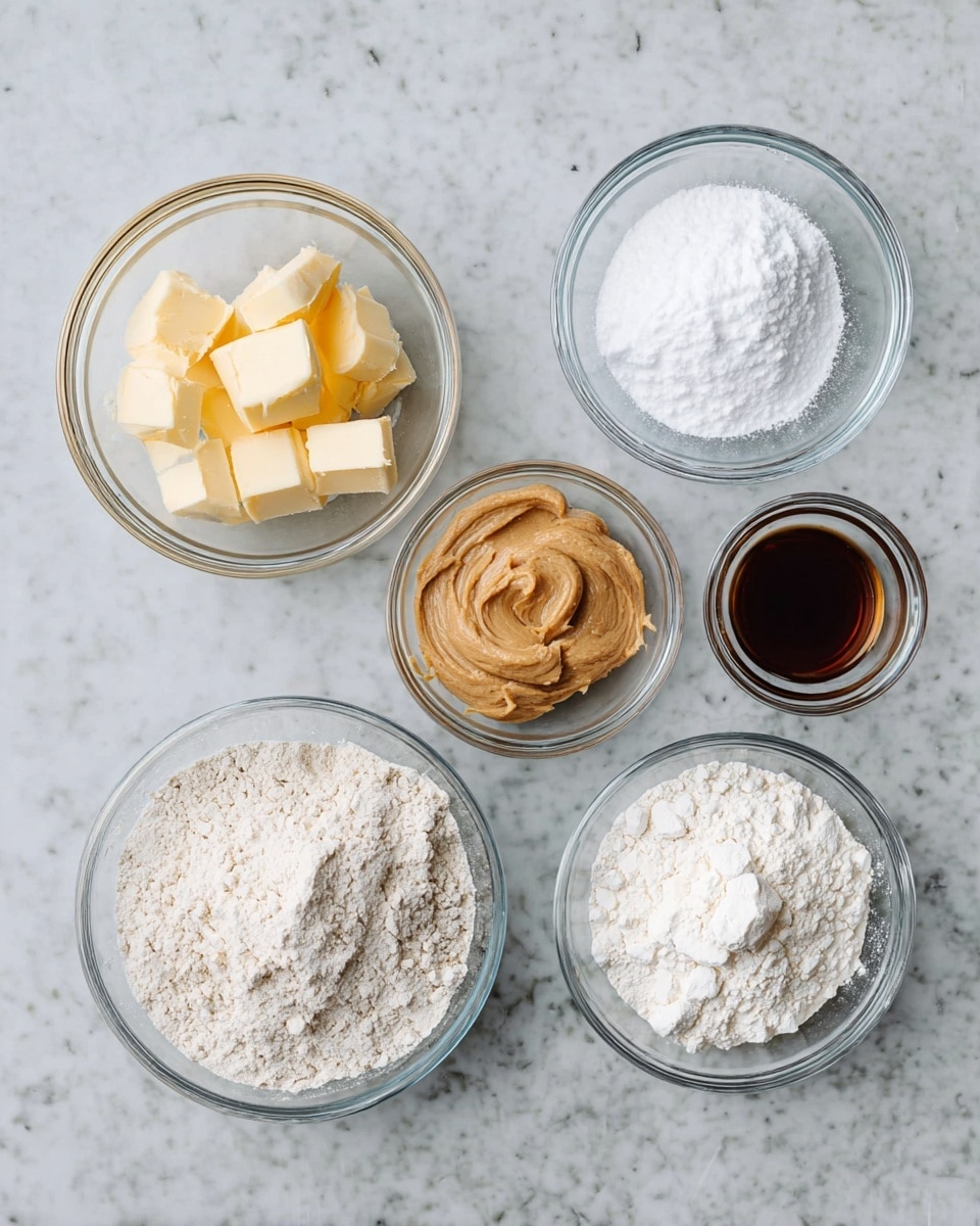 Six small glass bowls are arranged on a white marbled surface. In the top left, a bowl contains light yellow butter pieces. To its right, a bowl holds white powdered sugar. Next to that, a bowl has a creamy, beige peanut butter. In the bottom left, there is a larger bowl filled with white flour. To its right, a small bowl contains dark brown vanilla extract. Finally, in the top right, a bowl has a white powder ingredient, likely milk powder. The bowls are spaced out and clearly show their creamy or powdery textures. Photo taken with an iphone --ar 4:5 --v 7