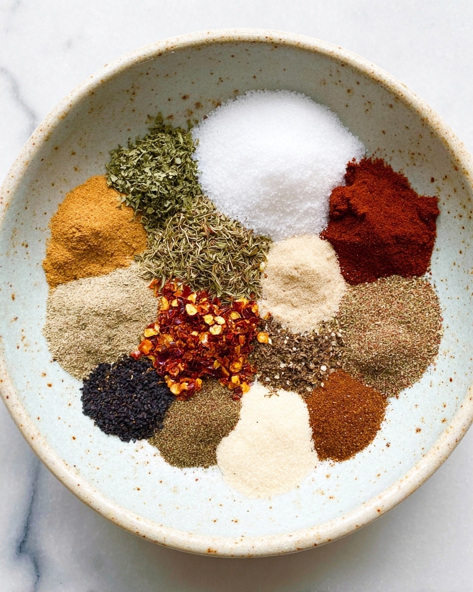 A round white speckled bowl holds 13 small piles of spices arranged close together in a circular pattern. Starting from the top and moving clockwise, there is a white coarse salt mound, a dry green herb pile with feathery texture, a brownish-red spice, a light brown grainy spice, a dark reddish-brown fine powder, a tan powder, a fresh green leafy herb, a mix of black and white pepper powder, a brownish-green finely ground spice, bright red chili flakes, a dark brown ground spice, a lighter brown powder, and a small heap of pale cream powder. The bowl rests on a white marbled surface. The photo taken with an iphone --ar 4:5 --v 7
