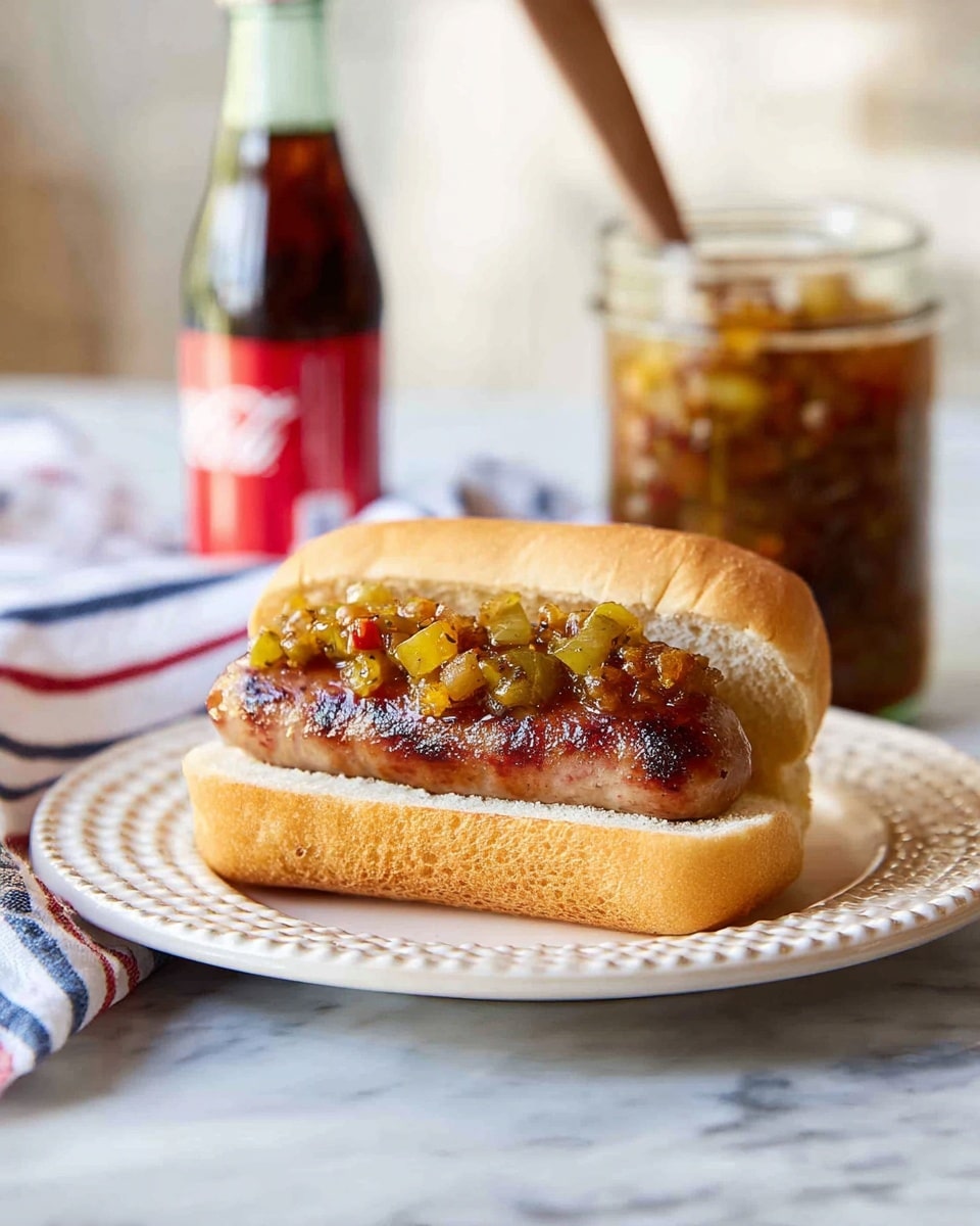 A sandwich features a single grilled sausage with a shiny brown and slightly textured surface, placed inside a soft sandwich bun with a golden-brown top and soft white inside. On top of the sausage is a chunky relish layer with green, yellow, and red pieces, giving a mixed color and slightly wet texture. The sandwich sits on a white plate with a raised dotted edge, which is on a white marbled surface. Behind the plate, there is a blurred glass bottle of soda and a clear jar filled with more chunky relish, holding a wooden spoon. A white cloth with red and blue stripes is also in the background, creating a cozy kitchen vibe. Photo taken with an iphone --ar 4:5 --v 7