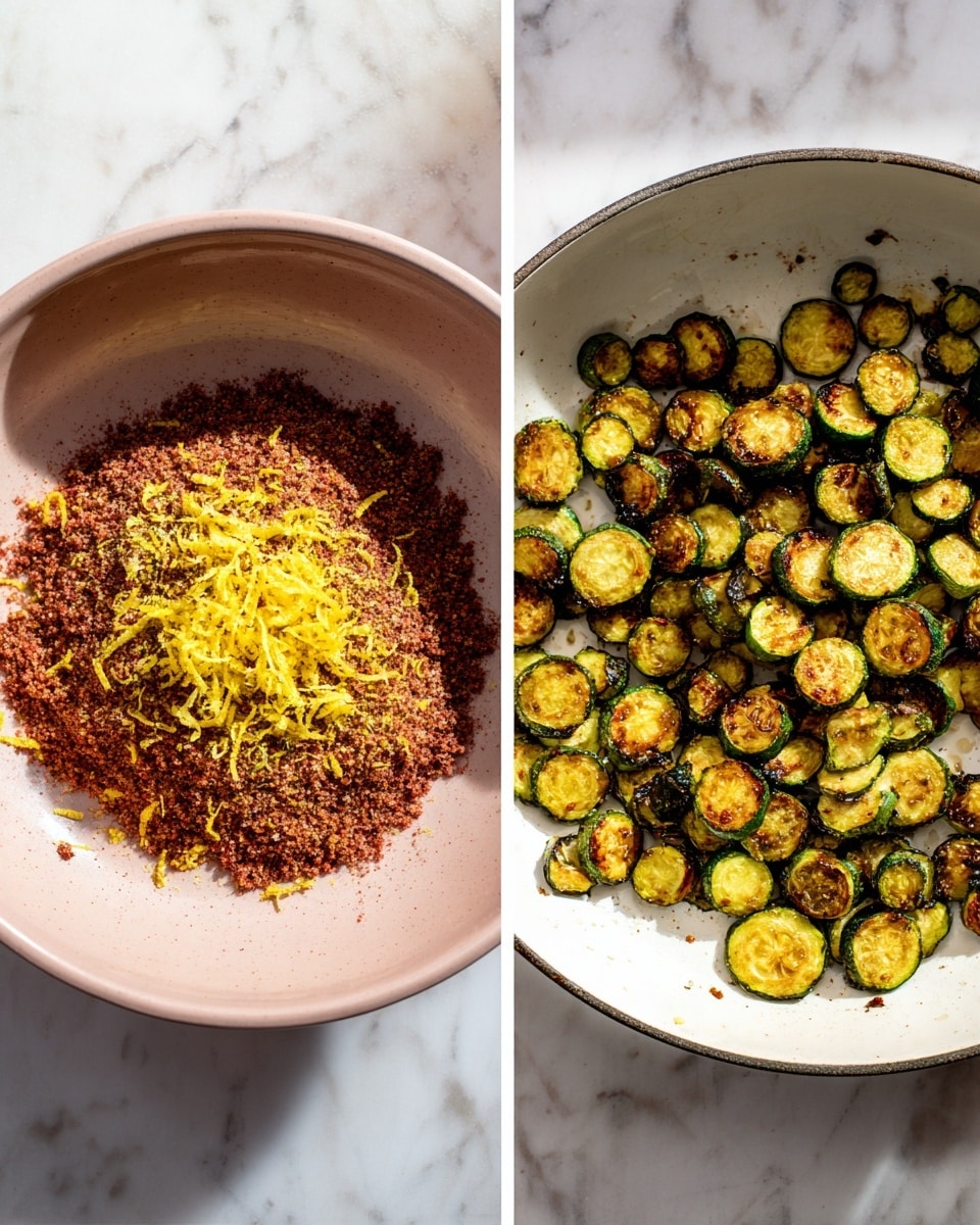 The image shows two separate scenes side by side. On the left, there is a close-up of a single layer of fine, crumbly reddish-brown mixture placed in a light pink bowl. On top of the mixture, there is a bright layer of yellow lemon zest scattered evenly. The bowl sits on a white marbled surface. On the right, there is a round white pan filled with many small, round, golden-brown and light green pieces of cooked zucchini, slightly oily and caramelized, spread out evenly. The pan also rests on a white marbled surface. The lighting is bright and natural, highlighting the textures of both the mixture and the cooked zucchini. photo taken with an iphone --ar 4:5 --v 7