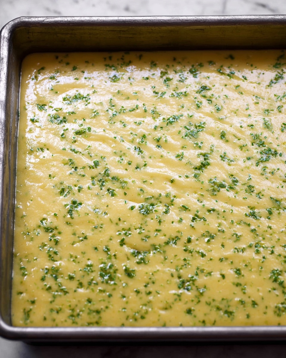 A close-up view of a baking tray filled with a smooth yellow batter spread evenly in one layer. The batter has small green herb pieces sprinkled all over the top, creating a speckled texture. The tray is placed on a white marbled surface, and the edges of the tray are visible, showing its metal texture. The lighting highlights the slightly shiny wet surface of the batter. photo taken with an iphone --ar 4:5 --v 7