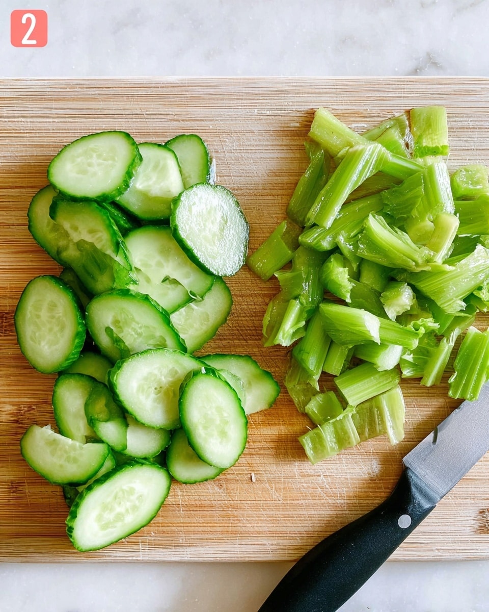The image shows bright green cucumber slices and celery pieces on a light wooden cutting board. The cucumber slices are on the left side, arranged in small stacked layers showing the white inside and green peel. The celery pieces are on the right side, irregularly shaped with a crunchy texture and a fresh green color. A knife with a black handle rests on the bottom right corner of the board. The background is a white marbled texture. Photo taken with an iphone --ar 4:5 --v 7