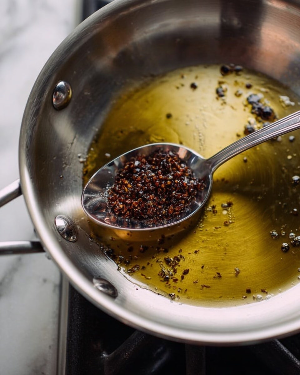 A close-up look inside a silver metal pan on a stovetop, showing a shiny metal spoon in the middle filled with small dark brown crispy bits soaking in golden oil at the bottom of the pan. The oil catches light and spreads thinly on the pan’s surface, while some dark bits float alone in the oil around the spoon. The pan’s smooth surface curves upward and shiny metal rivets attach the handle. The stovetop burner beneath is black with silver grates. The background is a white marbled texture photo taken with an iphone --ar 4:5 --v 7