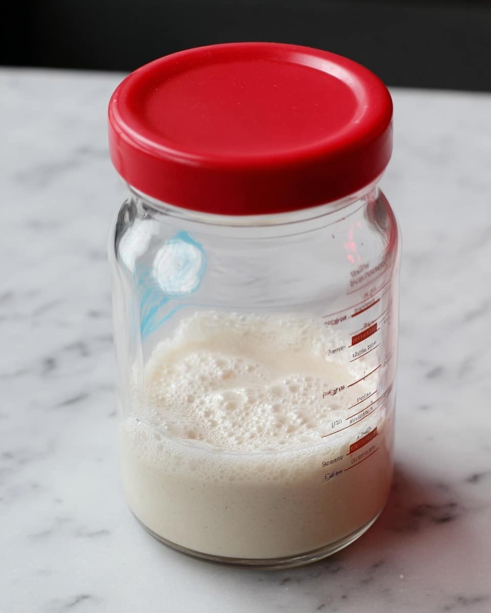 A clear glass jar with a bright red lid holds a bubbly, creamy mixture that fills about one-third of the jar’s height. The mix has a frothy texture with small and medium-sized bubbles, giving it a light and airy look. The jar is placed on a white marbled surface, with a color sticker indicator visible on the side of the jar, showing a range of colors from black to brown and blue tones. The background is softly blurred to focus on the jar. photo taken with an iphone --ar 4:5 --v 7