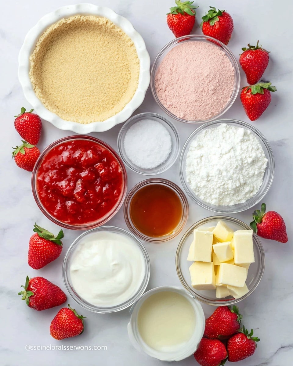 The image shows many clear glass bowls with different ingredients placed on a white marbled surface, surrounded by fresh whole and halved strawberries. At the top left is a pie crust in a white pie dish, showing a light brown crumbly texture. Next to it is a bowl of pink powder, and below that is a bowl filled with thick red strawberry sauce with visible chunks. To the right is a bowl of white granulated sugar, while below that are bowls with white creamy filling, white powdered sugar, and smaller bowls containing vanilla extract, cubed butter, and light yellow liquid, likely cream or milk. The fresh strawberries add bright red and green colors scattered around the bowls for decoration. photo taken with an iphone --ar 4:5 --v 7