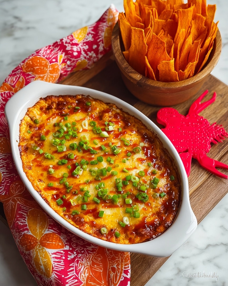 An oval white dish filled with a cheesy baked dip that has a shiny, slightly browned golden-yellow and orange top layer with visible melted cheese and a glossy red sauce spread unevenly across it. It is sprinkled with bright green chopped scallions scattered on the top. Next to this dish is a round wooden bowl holding crisp, orange-brown chips standing upright like leaves. This is all set on a wooden board on a white marbled surface, with a red and orange patterned cloth partly tucked under the white dish and a bright red crab cracker beside the wooden bowl. Photo taken with an iphone --ar 4:5 --v 7
