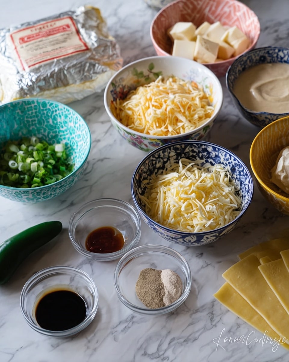 A collection of small bowls and containers holding various ingredients arranged on a white marbled surface. Starting from the left, there is a patterned turquoise bowl filled with chopped green onions, a white bowl with a blue rim filled with shredded yellow cheese, another white bowl with a blue rim filled with shredded cheese slightly different in shade, and a patterned pink bowl holding thin cheese slices. On the right side, there is a patterned yellow bowl containing a creamy white sauce and a patterned blue bowl with a light brown creamy sauce. A partially unwrapped foil packet of cream cheese sits behind the bowls. Three small clear containers in front hold dark soy sauce, light brown powder, and a grayish powder. There is a whole green jalapeno pepper and a yellow rectangular sheet of pasta or dough near the front. Photo taken with an iphone --ar 4:5 --v 7