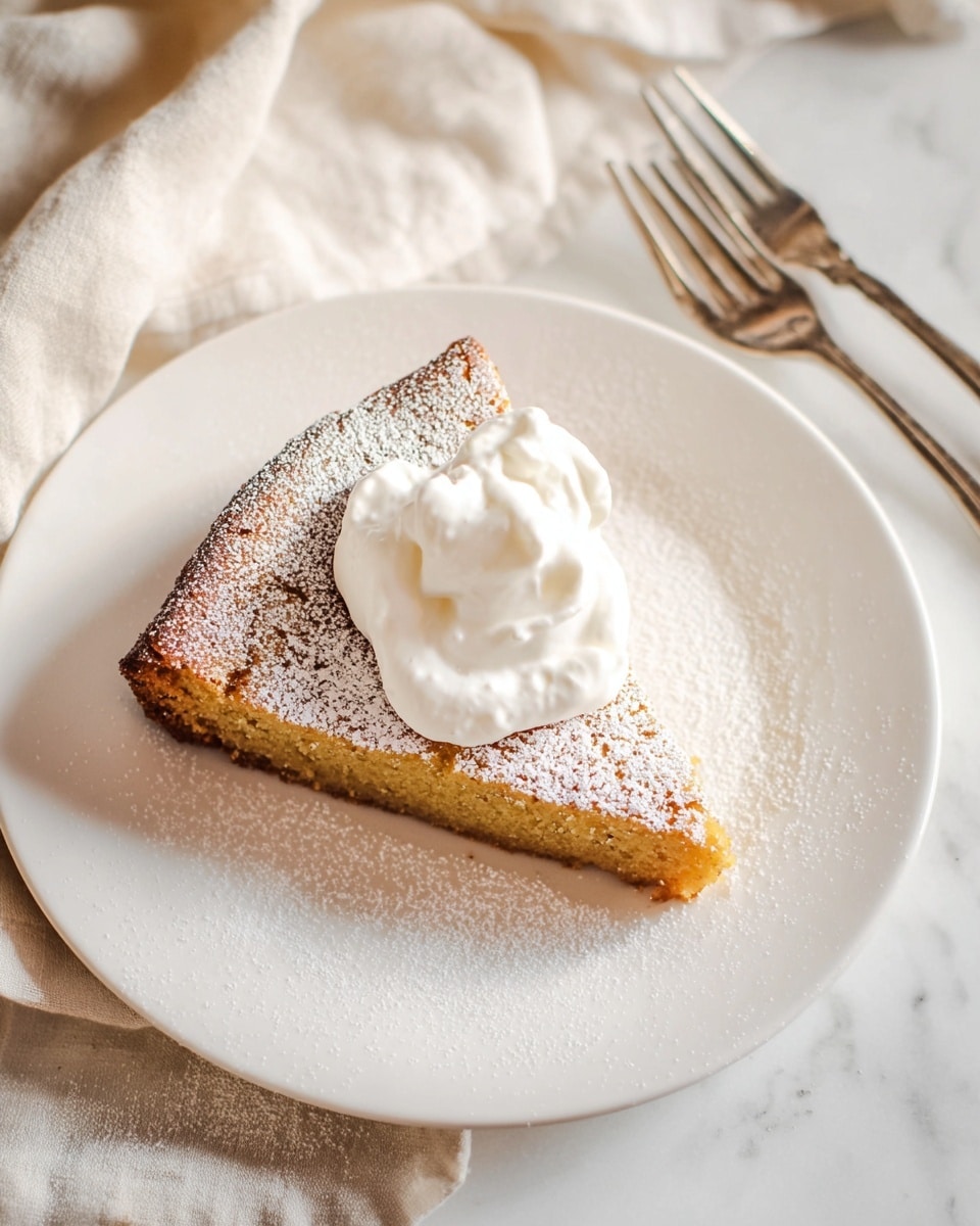 A white plate holds one triangular slice of golden brown cake, dusted lightly with powdered sugar across its textured top layer. On this slice, there is a generous dollop of smooth, white whipped cream placed in the center. The plate rests on a white marbled surface with a silver fork and knife wrapped in a beige cloth napkin placed nearby. The lighting is soft and natural, highlighting the warm tones of the cake and the bright whiteness of the cream and plate photo taken with an iphone --ar 4:5 --v 7