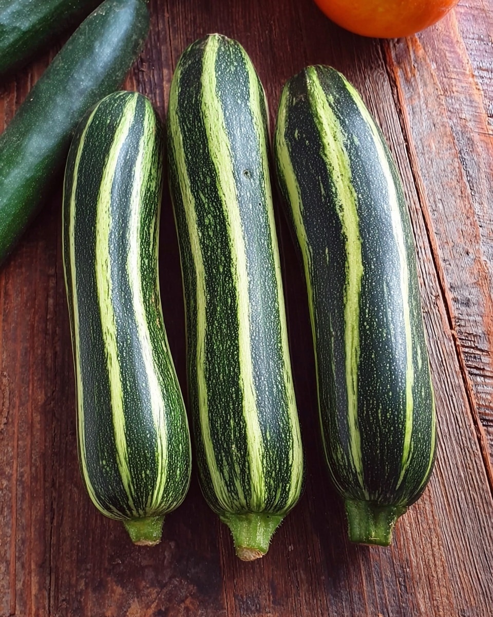 The image shows three long, dark green zucchinis with light green stripes running lengthwise, placed horizontally and stacked evenly on top of a wooden surface with visible grains. The ends of the zucchinis have a light green stem with a rough texture. A dark green cucumber and a small, round orange object are visible partially in the background. The scene is lit naturally, highlighting the fresh, smooth texture of the zucchinis skin, photo taken with an iphone --ar 4:5 --v 7