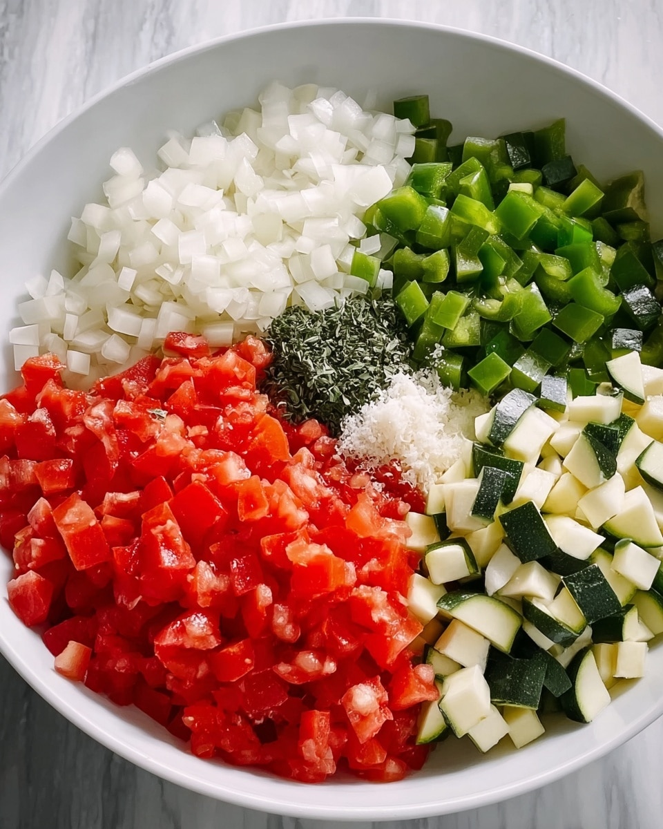 The image shows a white bowl on a white marbled surface filled with five neat layers of finely chopped vegetables. From the top, the first layer is small white onion pieces, followed by small green bell pepper pieces. Below that is a pile of chopped red tomatoes with a small amount of finely grated white garlic on the right side and a small bunch of chopped dark green herbs on the left side. The bottom layer is made of small white and green zucchini cubes. The colors are bright and fresh, and the texture is crisp. Photo taken with an iphone --ar 4:5 --v 7
