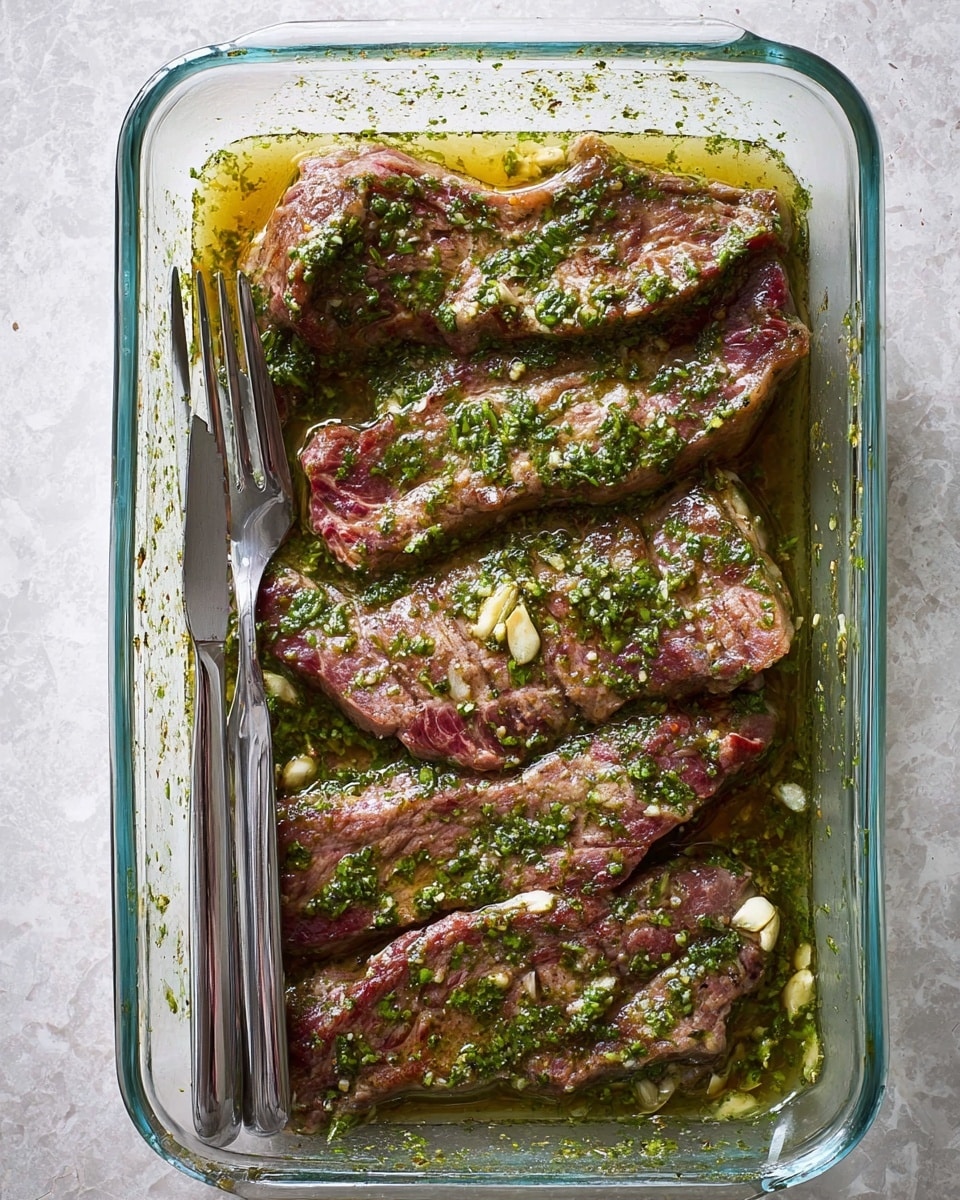 A clear rectangular glass baking dish holds four large raw steaks soaked in a green herb marinade with visible chopped garlic pieces and oil pooling around the edges. The steaks show a rich reddish-brown color with marbling and grill marks faintly visible beneath the herbs. A metal fork and knife rest sideways on the left edge of the baking dish. The background is a white marbled texture. photo taken with an iphone --ar 4:5 --v 7