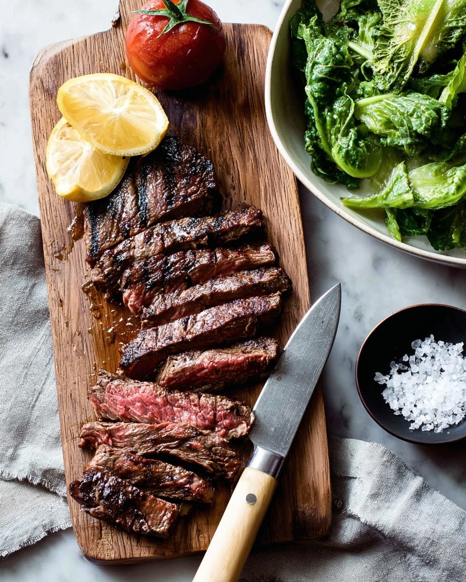 A grilled steak sliced into thick strips showing a pink center and dark brown, slightly charred outer edges lies on a wooden cutting board. Two lemon wedges with a bright yellow interior rest above the steak, and a whole dark red tomato sits next to them. To the right is part of a white bowl filled with green leafy vegetables. A large knife with a light wooden handle rests beside the cutting board on a light gray cloth, and a small black bowl holds coarse white salt nearby. The surface underneath everything is a white marbled texture. Photo taken with an iphone --ar 4:5 --v 7