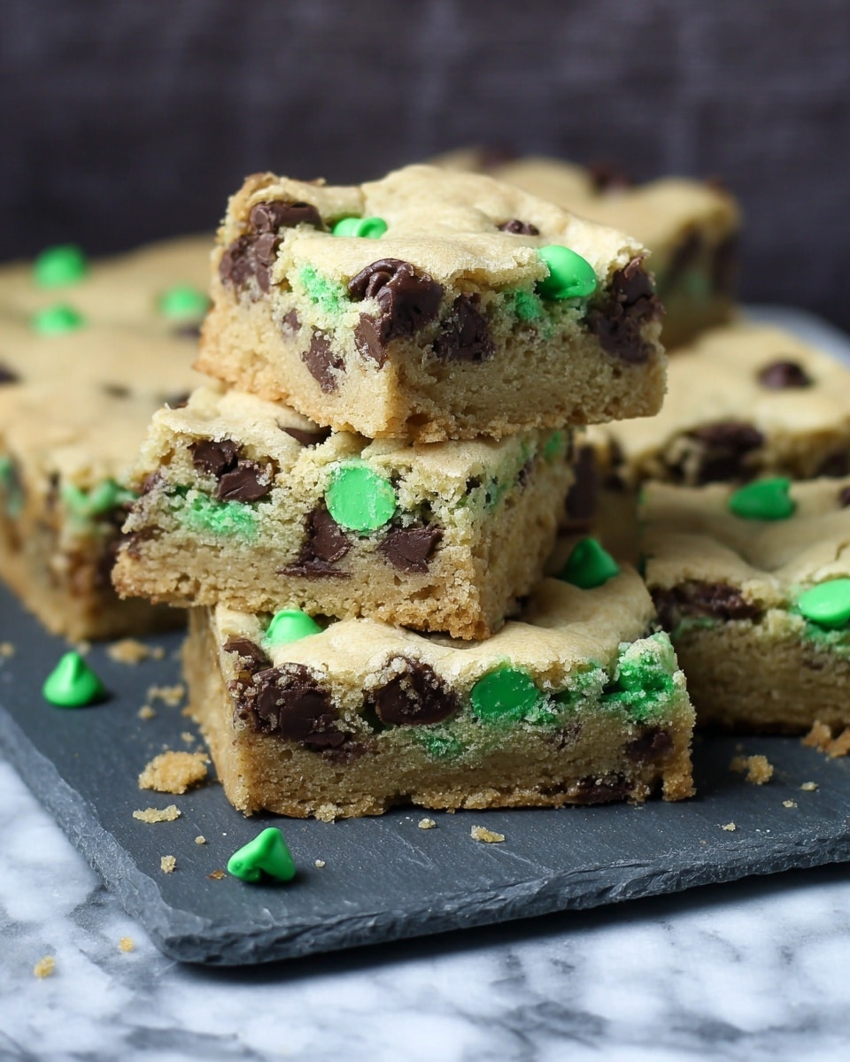 There are several square cookie bars stacked on a dark slate board placed on a white marbled surface. Each cookie bar has a thick, golden-brown base with chunks of dark brown chocolate chips and bright green candy pieces embedded throughout. The texture looks soft and crumbly, with crumbs scattered around the edges. The cookie bars are placed unevenly, showing the sides and tops with visible candy and chocolate spots. photo taken with an iphone --ar 4:5 --v 7