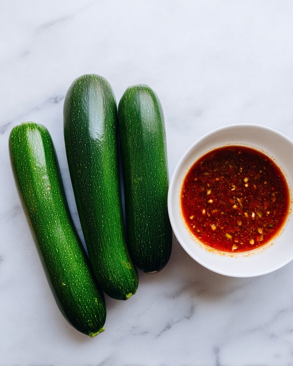 The image shows three fresh dark green zucchinis with a smooth, slightly shiny texture placed in a row on a white marbled surface. To the right of the zucchinis, there is a white bowl filled with a reddish-brown sauce that has small bits of ingredients visible, creating a textured look inside the bowl. The bowl is clean and round, sitting neatly on the white marbled surface. Photo taken with an iphone --ar 4:5 --v 7