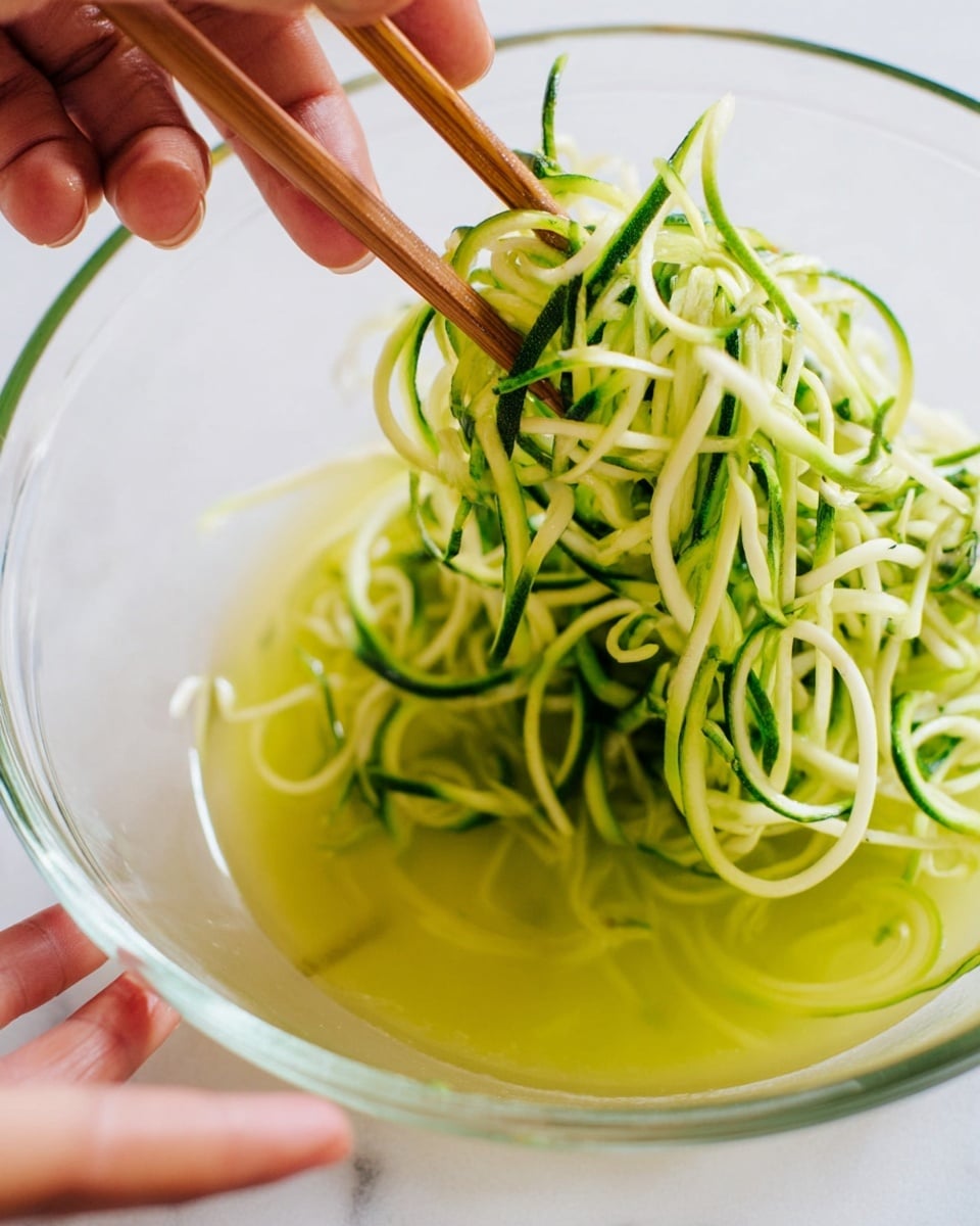 A close-up image shows a clear glass bowl on a white marbled surface, filled with light green zucchini noodles that are thin and spiral-shaped. The noodles are being picked up with wooden chopsticks that rest briefly among the green strands. At the bottom of the bowl, there is a small pool of light yellow-green liquid. A woman's hand with three fingers visible is slightly touching the bowl from below. The overall look is fresh and light, focused on the textures of the zucchini noodles and the clear bowl photo taken with an iphone --ar 4:5 --v 7