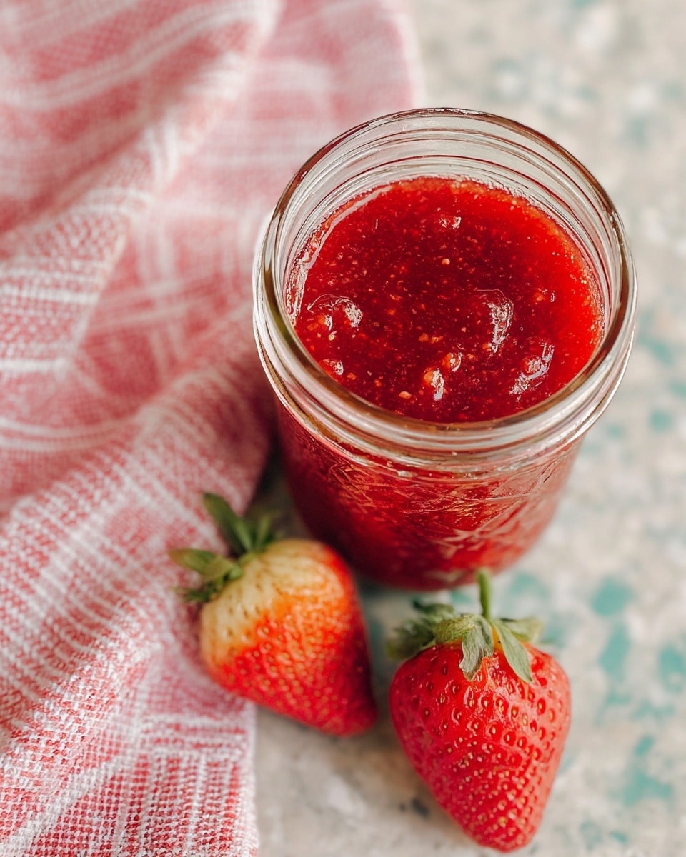 A glass jar filled with bright red strawberry jam showing a shiny, slightly textured surface with small chunks of fruit. The jar is surrounded by two fresh strawberries, red with yellow seeds and green tops, resting on a white marbled textured surface. In the background, there is a pink and white checkered cloth, softly folded. Photo taken with an iphone --ar 4:5 --v 7