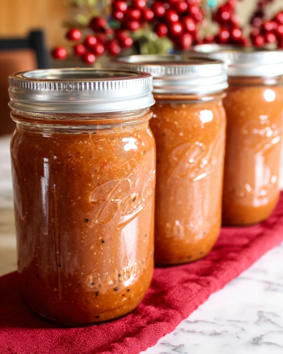 The image shows four clear glass jars filled with thick, textured orange-brown sauce with visible seeds and small black specks inside. The jars have silver metal lids and the word