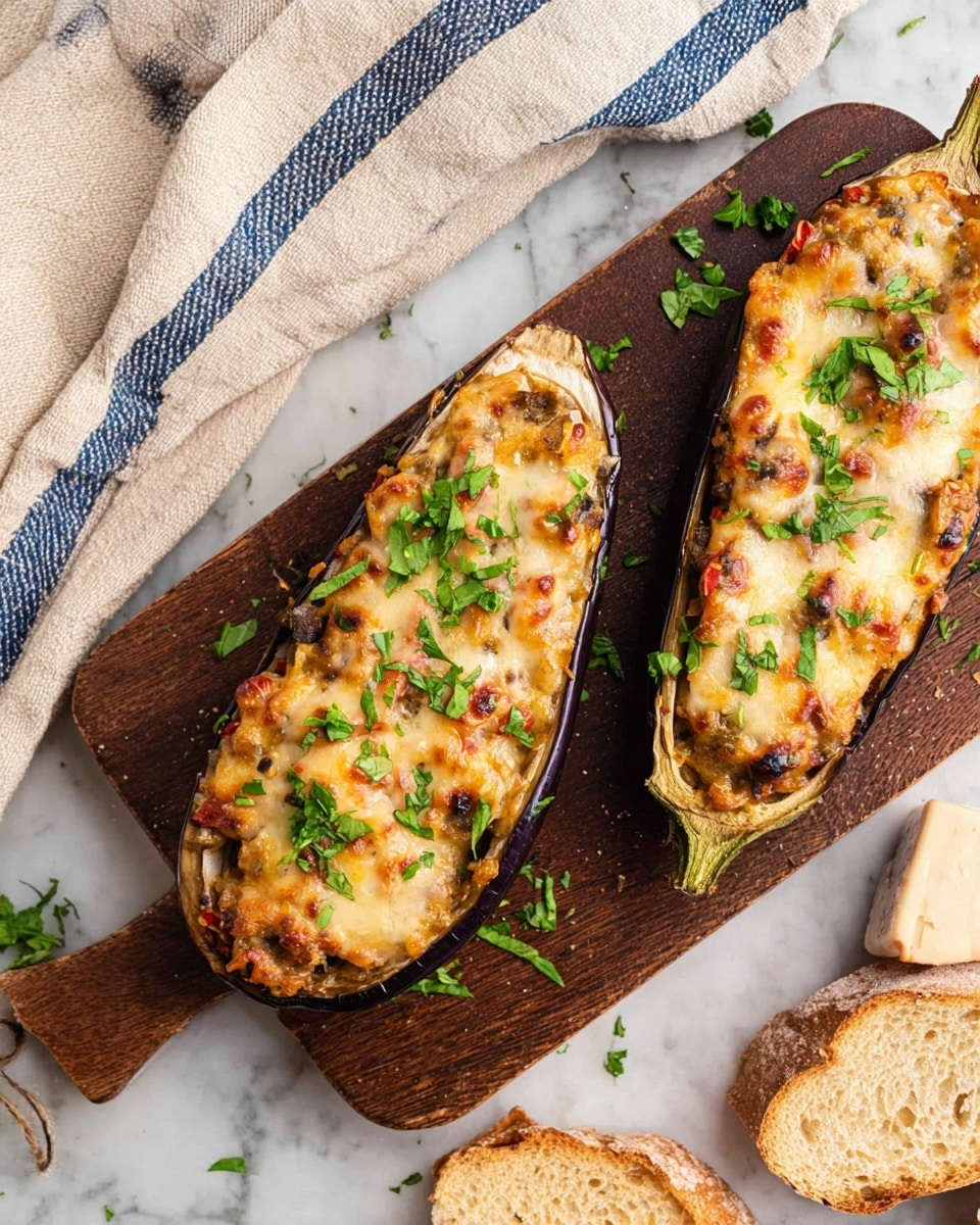 Two stuffed eggplant halves lay side by side on a dark wooden board. Each eggplant is split in half lengthwise, showing one thick dark purple layer as the skin. Inside, there is a creamy, light brown mixture with bits of red and black, topped with a golden brown melted cheese layer that looks bubbly and slightly crispy. Small green herb pieces are sprinkled generously on top of the cheese, adding fresh color. The board rests on a white marbled surface with a beige cloth featuring blue stripes to the left, and pieces of light brown bread visible around. Photo taken with an iphone --ar 4:5 --v 7