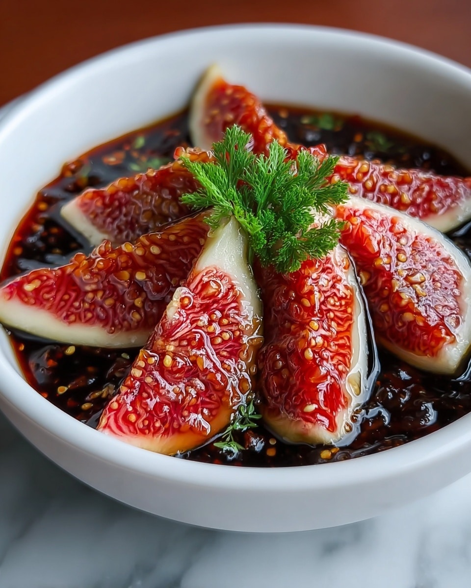 A white bowl filled with a dark, glossy fig jam that has visible tiny seeds and chunks inside. On top, there are several quartered fig pieces showing their bright red, inner flesh with white edges and tiny yellow seeds. A small green leafy herb is placed in the center on the figs, adding a fresh touch. The bowl sits on a white marbled surface, and the image is sharp and close up, highlighting the shiny and textured details of the figs and jam. Photo taken with an iphone --ar 4:5 --v 7