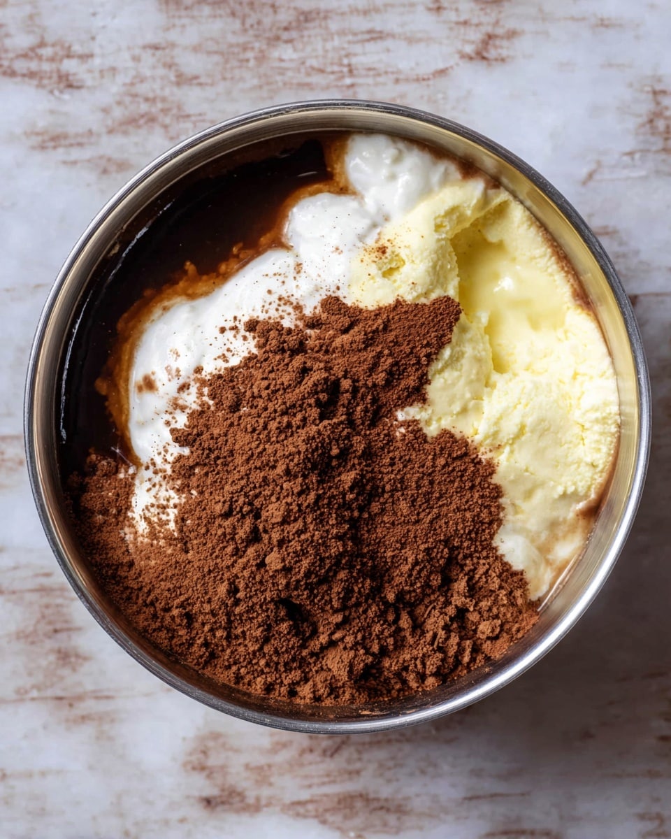 A top view of a silver bowl holding a mix of ingredients, showing four main layers: a dark brown liquid forming the base, topped with a white creamy layer that has a thick texture, a light yellow creamy layer with a smooth appearance next to the white cream, and a generous heap of dark brown cocoa powder sprinkled unevenly on top, all placed on a white marbled surface photo taken with an iphone --ar 4:5 --v 7