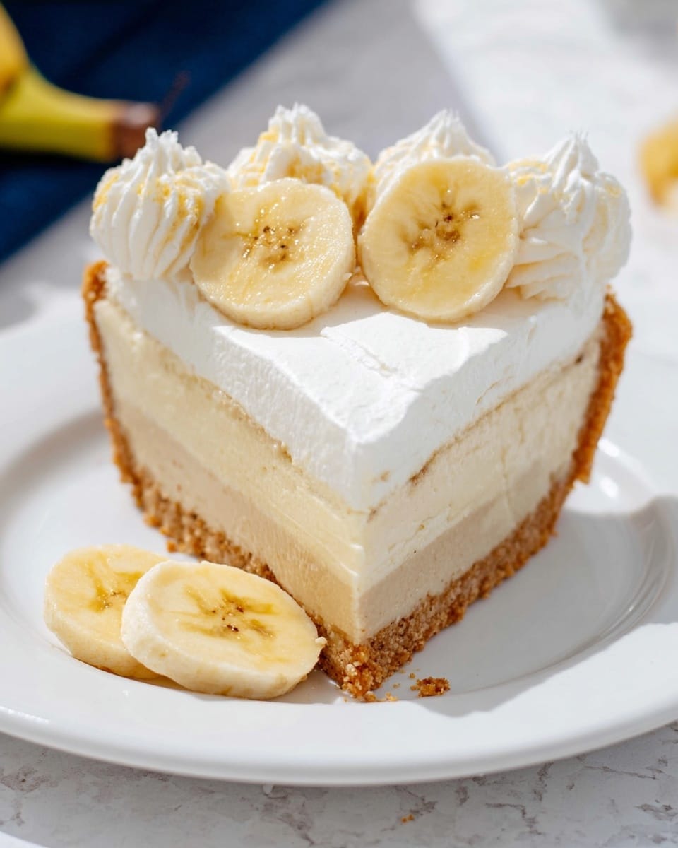 A slice of banana cream pie sits on a white plate over a white marbled surface, showing three main layers: a light brown crumb crust at the bottom, a thick creamy beige banana-flavored filling in the middle, and a smooth white whipped topping layer on top. On the whipped cream, there are several dollops of whipped cream, each garnished with a round slice of banana. Two banana slices rest on the plate near the pie. The whole scene is brightly lit, highlighting the soft textures and pale colors of the pie. photo taken with an iphone --ar 4:5 --v 7