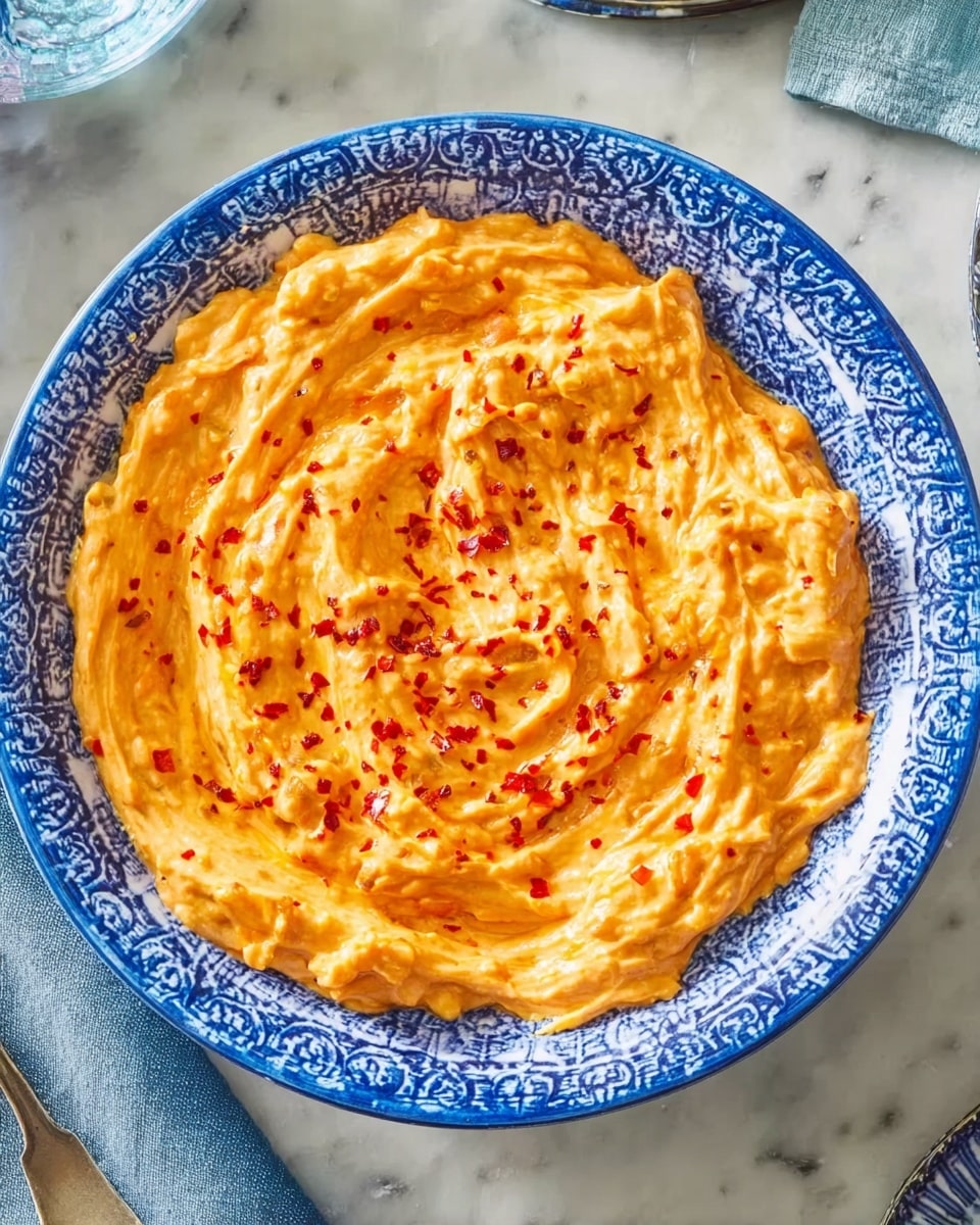 A white bowl with a blue patterned rim holds a creamy orange spread that looks thick and smooth with a slightly rough texture from small pieces or shreds. The spread is evenly spread inside the bowl with some visible streaks and sprinkled lightly with red flakes on top. The bowl is placed on a white marbled surface with a spoon and other dishes around it photo taken with an iphone --ar 4:5 --v 7