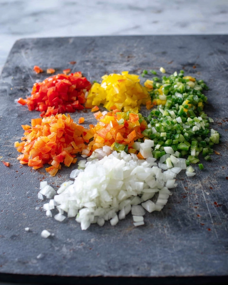 The image shows a gray cutting board with five piles of finely chopped vegetables arranged in a row near the center. From left to right, there is a pile of bright red pieces, a pile of small yellow pieces, a pile of orange pieces, a pile of green pieces, and in front of all these piles, there is a larger pile of white chopped pieces. The cutting board has small scratches, and the background is a white marbled texture. The lighting is natural, highlighting the freshness and colors of the vegetables photo taken with an iphone --ar 4:5 --v 7
