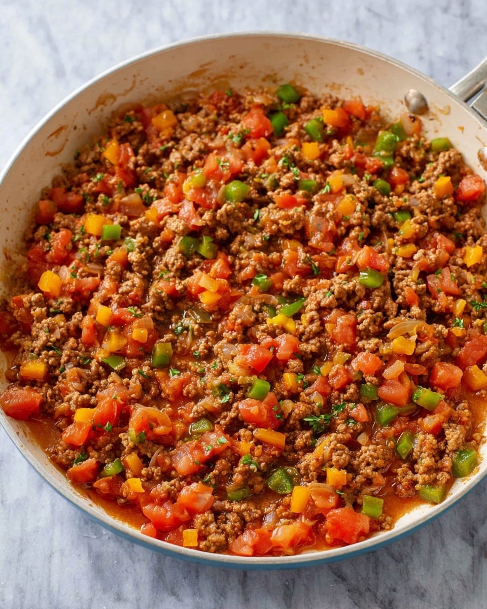 A white pan filled with cooked ground meat mixed with chopped bright red tomatoes, green, yellow, and orange small pepper pieces, and light brown onions. The mixture looks soft with small chunks and bits mixed evenly across the pan, showing a variety of earthy brown, red, and colorful vegetable tones on the lightly textured white pan surface, all placed on a white marbled background. Photo taken with an iphone --ar 4:5 --v 7