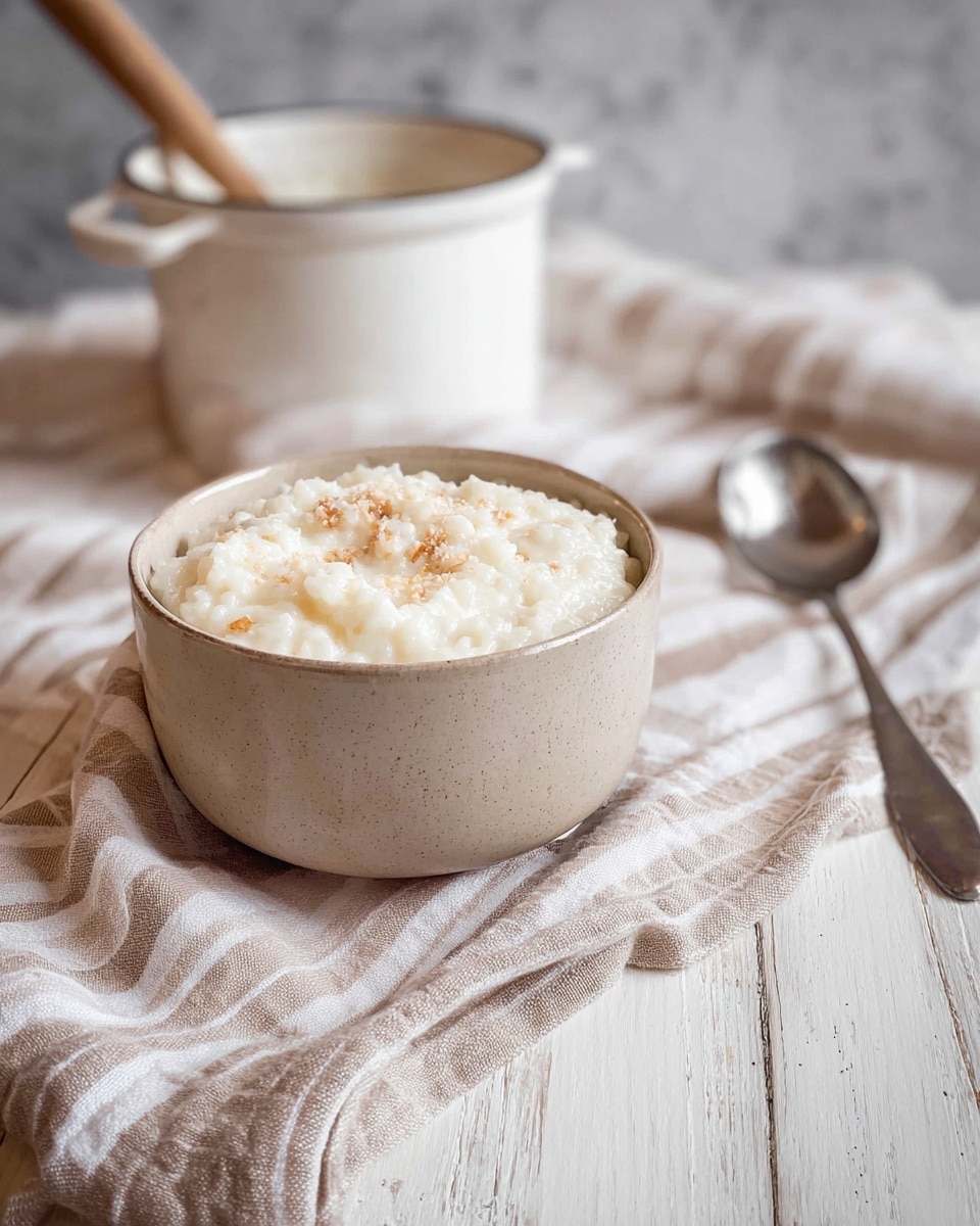 A beige bowl filled with creamy white rice pudding that has soft lumps and light brown pieces mixed inside, sitting on a beige and white striped cloth. Behind the bowl is a white pot with a wooden spoon inside. A metal ladle lies on the wooden table next to the cloth. The whole scene is set on a white marbled texture. photo taken with an iphone --ar 4:5 --v 7