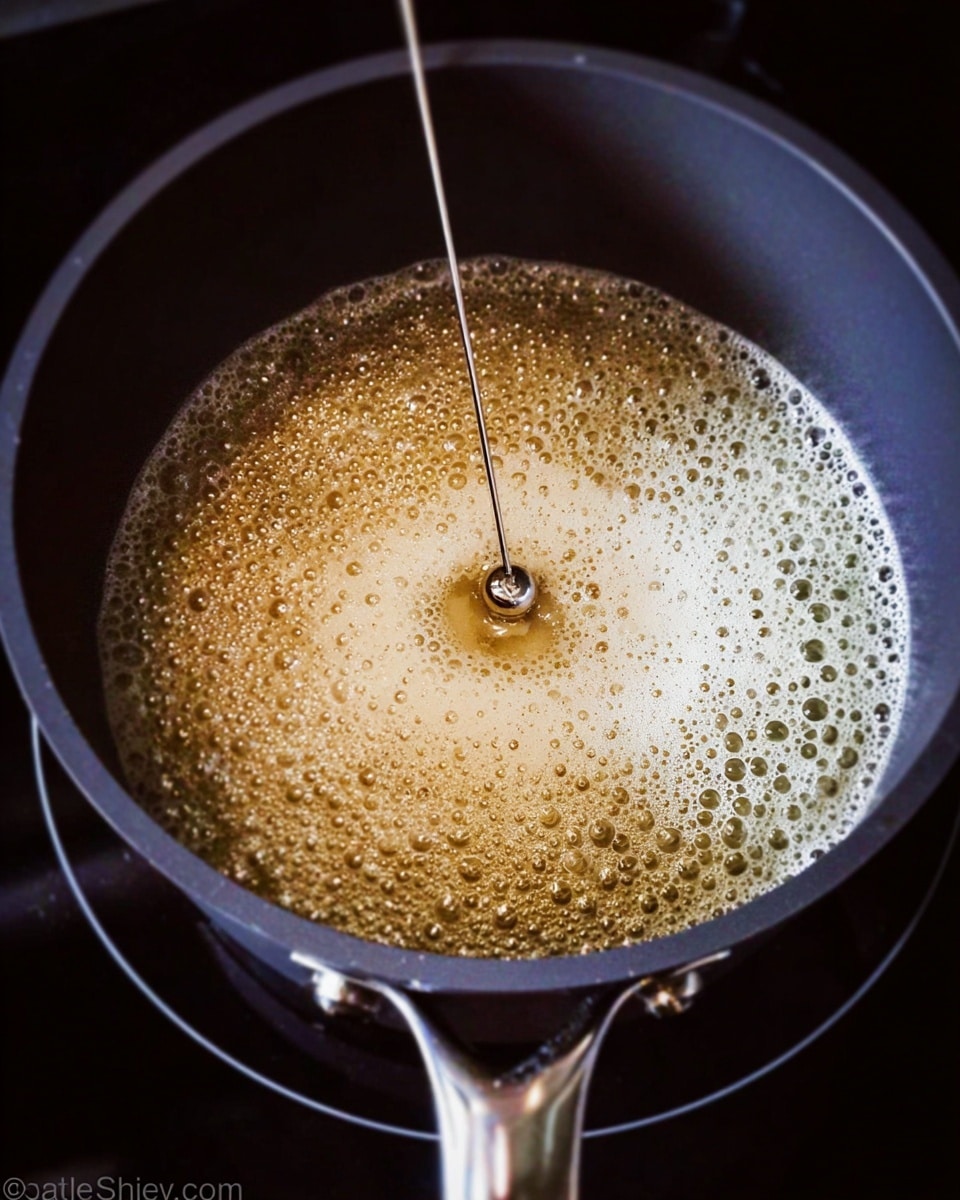 A close-up of a dark cooking pot with a shiny metal handle on a stovetop, filled with light golden bubbling liquid and foamy white edges forming a ring on the surface, with a long thin metal thermometer clipped to the pot dipping into the liquid. Photo taken with an iphone --ar 4:5 --v 7