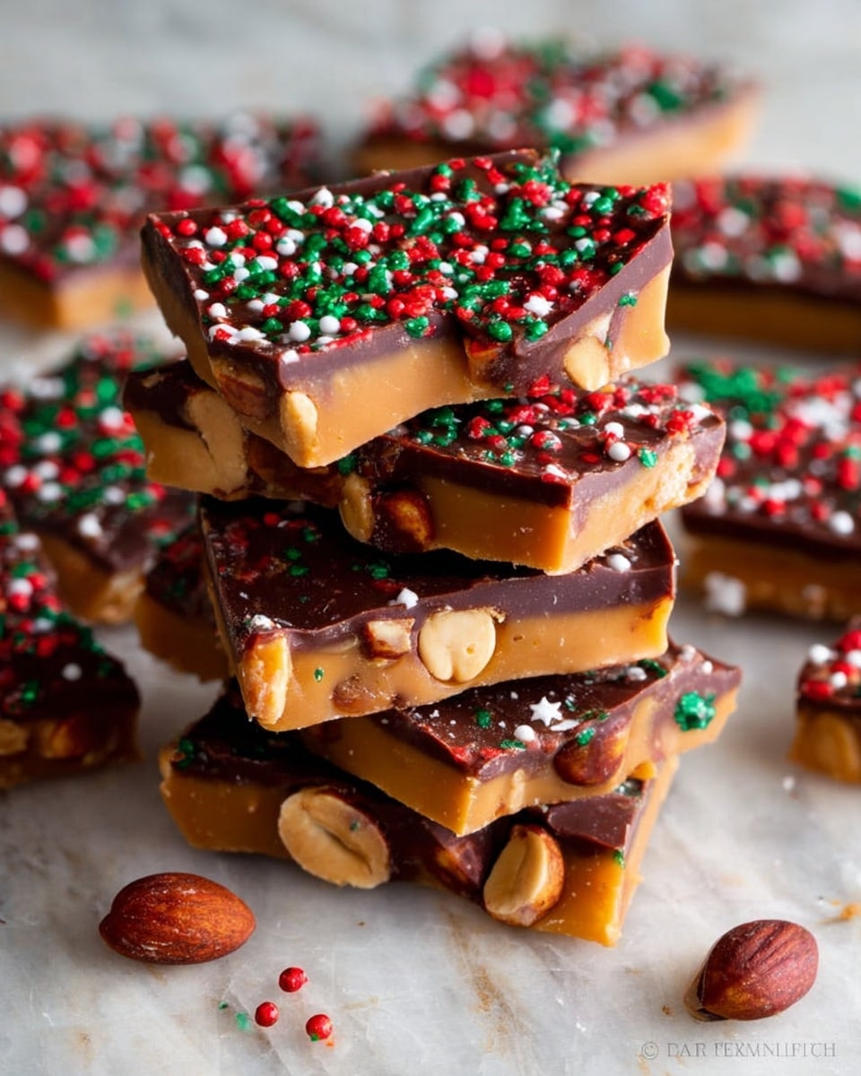 The image shows a stack of thick chocolate and peanut butter bark pieces on a white marbled texture. Each piece has two layers: a smooth, dark chocolate top layer sprinkled with red, green, and white festive sprinkles, and a thick golden peanut butter layer below embedded with whole roasted peanuts. Some pieces are scattered around the stack with sprinkles spread on the surface. The bark has a textured look, showing the contrast between the dark chocolate and the peanut butter layer along with the nuts inside. The photo taken with an iphone --ar 4:5 --v 7