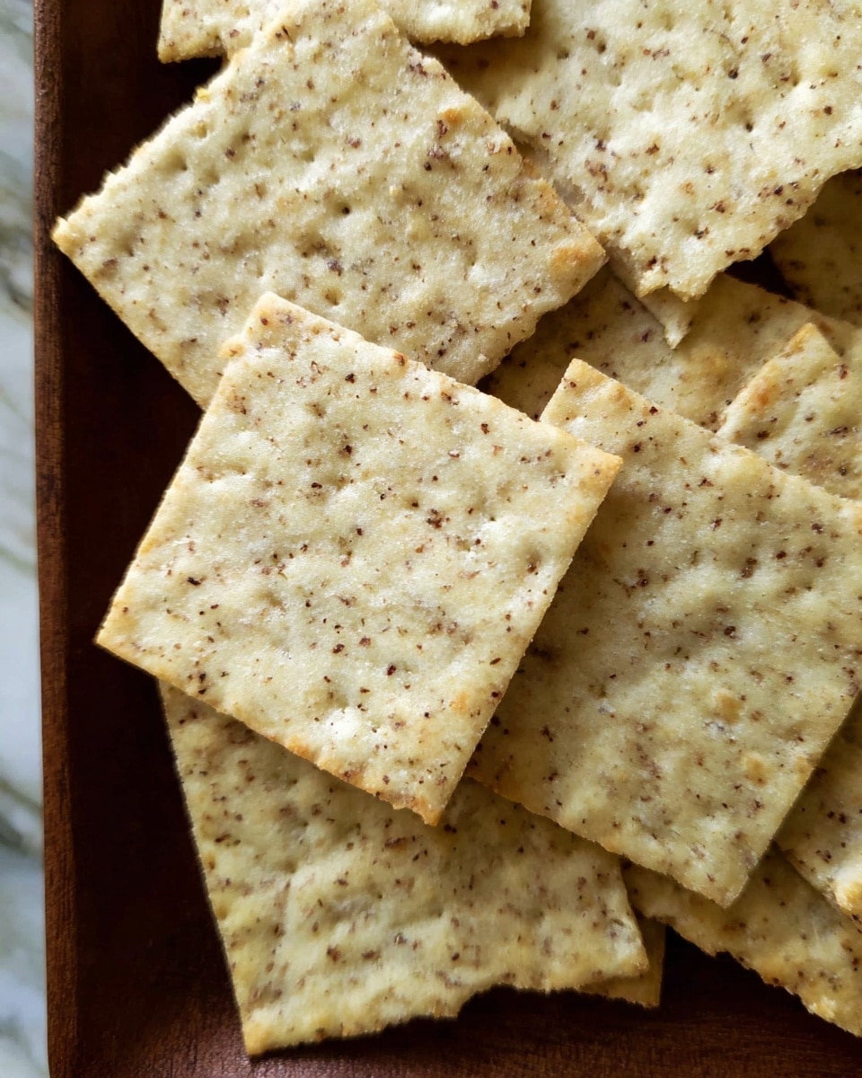 The image shows several square crackers placed closely together on a dark brown tray. Each cracker is pale beige in color with small dark brown specks spread evenly throughout, giving a grainy and textured look. The crackers have rough broken edges and a slightly uneven surface. The background is a white marbled texture. photo taken with an iphone --ar 4:5 --v 7
