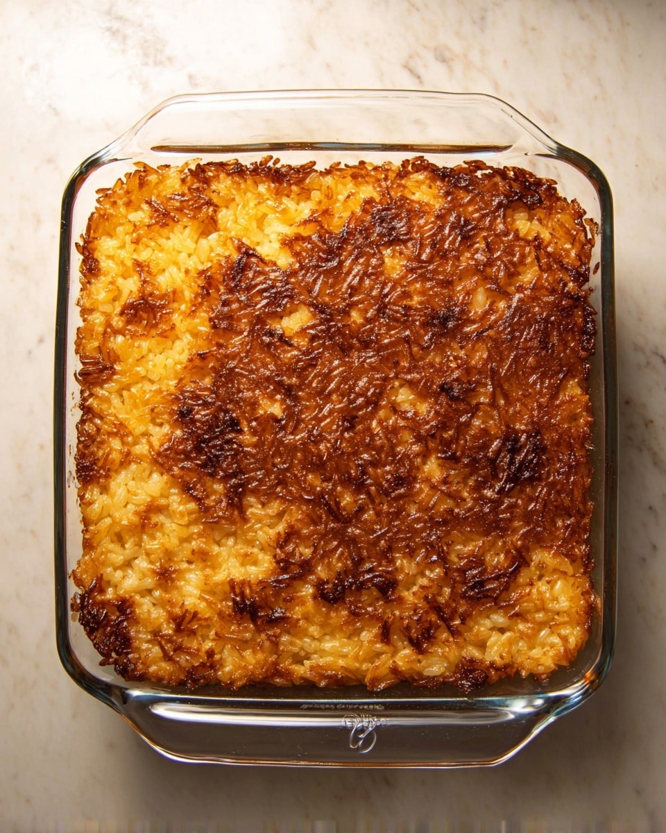 A clear glass square dish filled with one thick layer of cooked rice that is golden brown and has darker, crispy spots all over the top, giving a textured and slightly caramelized look. The rice appears soft but with a crunchy crust on the surface, and the edges are darker and more crisp. The dish is placed on a white marbled surface, visible through the glass handles and sides. photo taken with an iphone --ar 4:5 --v 7