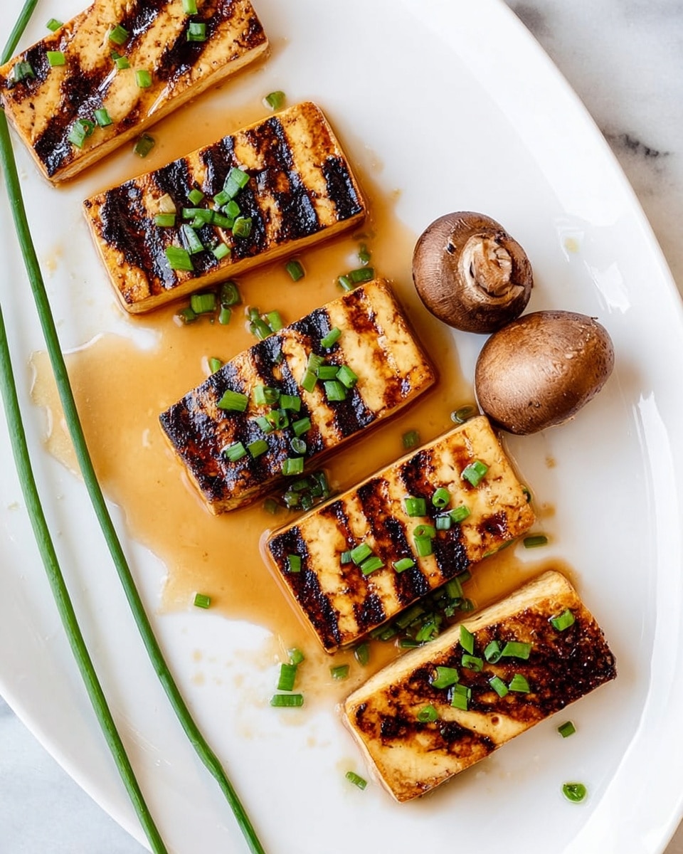 There are five rectangular pieces of grilled tofu placed on a white plate, each showing dark char marks and a light golden brown color, arranged in a slightly overlapping manner from top right to bottom left. A light brown sauce pools around the tofu, with small green chopped chives scattered on top of each piece. To the right of the tofu is a whole brown mushroom, and two long green chive stalks cross diagonally on the left side of the plate, which sits on a white marbled surface. Photo taken with an iphone --ar 4:5 --v 7