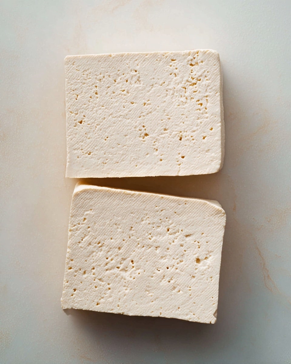 The image shows two square slices of tofu placed side by side on a white marbled surface. The tofu is pale cream in color and has a soft, slightly porous texture with small holes scattered across its surface, giving it a delicate, airy appearance. The edges of the tofu slices are smooth but not perfectly even, suggesting a gentle, natural cut. The lighting is soft and natural, highlighting the subtle texture difference within the tofu while maintaining the clean and simple aesthetic of the scene. photo taken with an iphone --ar 4:5 --v 7