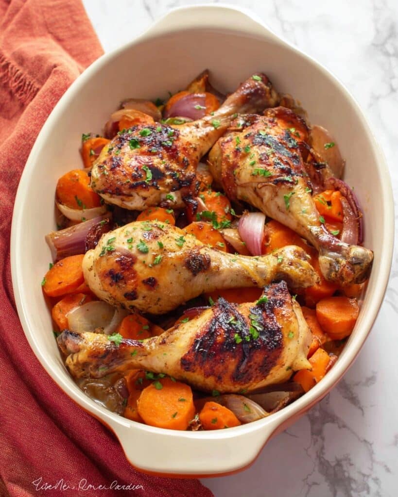 Oven Baked BBQ Chicken Legs with Roasted Vegetables for One Recipe