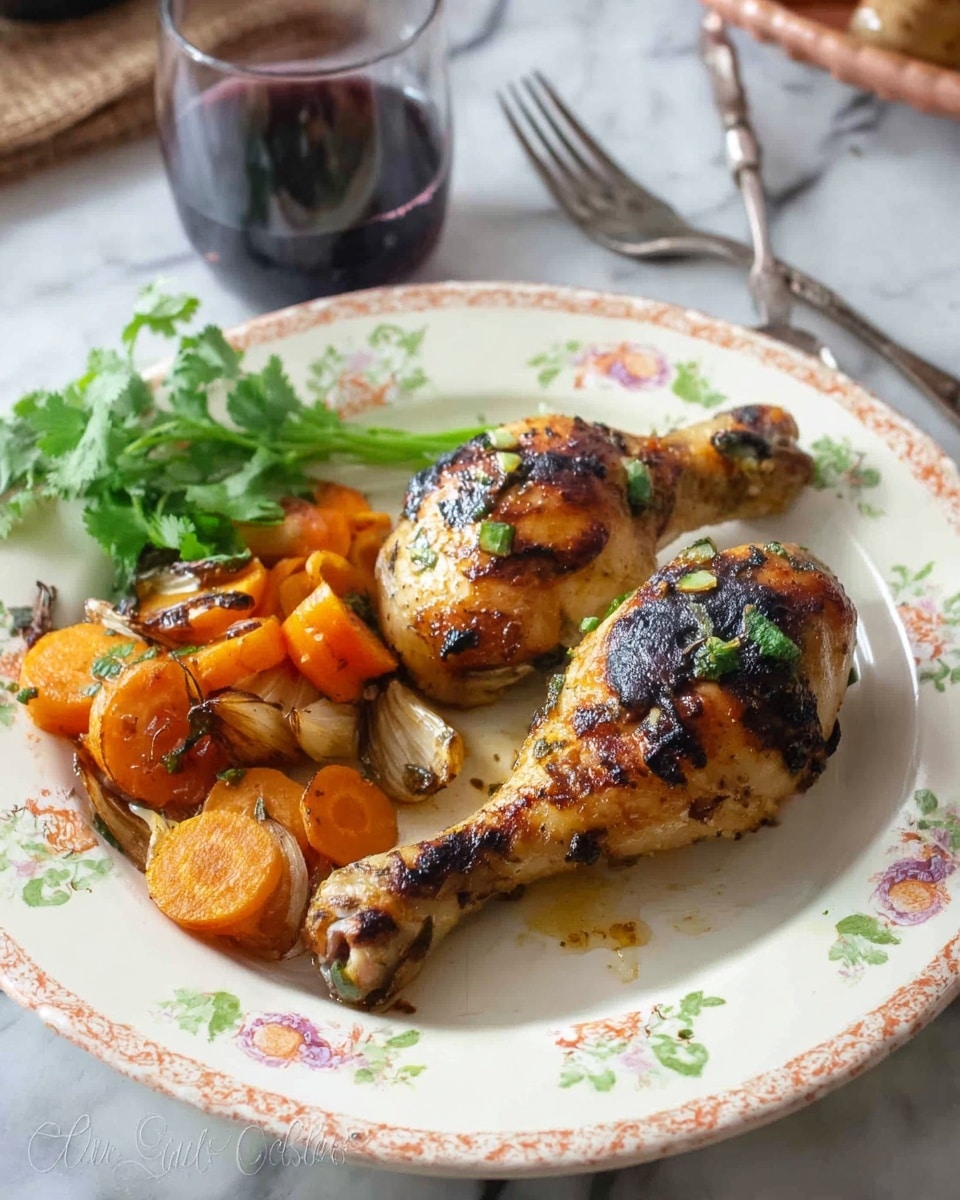 The dish shows two grilled chicken drumsticks placed on the right side of a white plate with floral patterns, with skins that are golden brown with some dark char marks and small green herb pieces on top. On the left side of the plate is a layer of cooked carrot slices and whole garlic cloves, shining with a light glaze and slightly browned edges. A small bunch of fresh green cilantro leaves rests beside the carrots, adding a fresh touch. The plate sits on a white marbled surface with a glass of dark red wine nearby and a fork in the background. Photo taken with an iphone --ar 4:5 --v 7