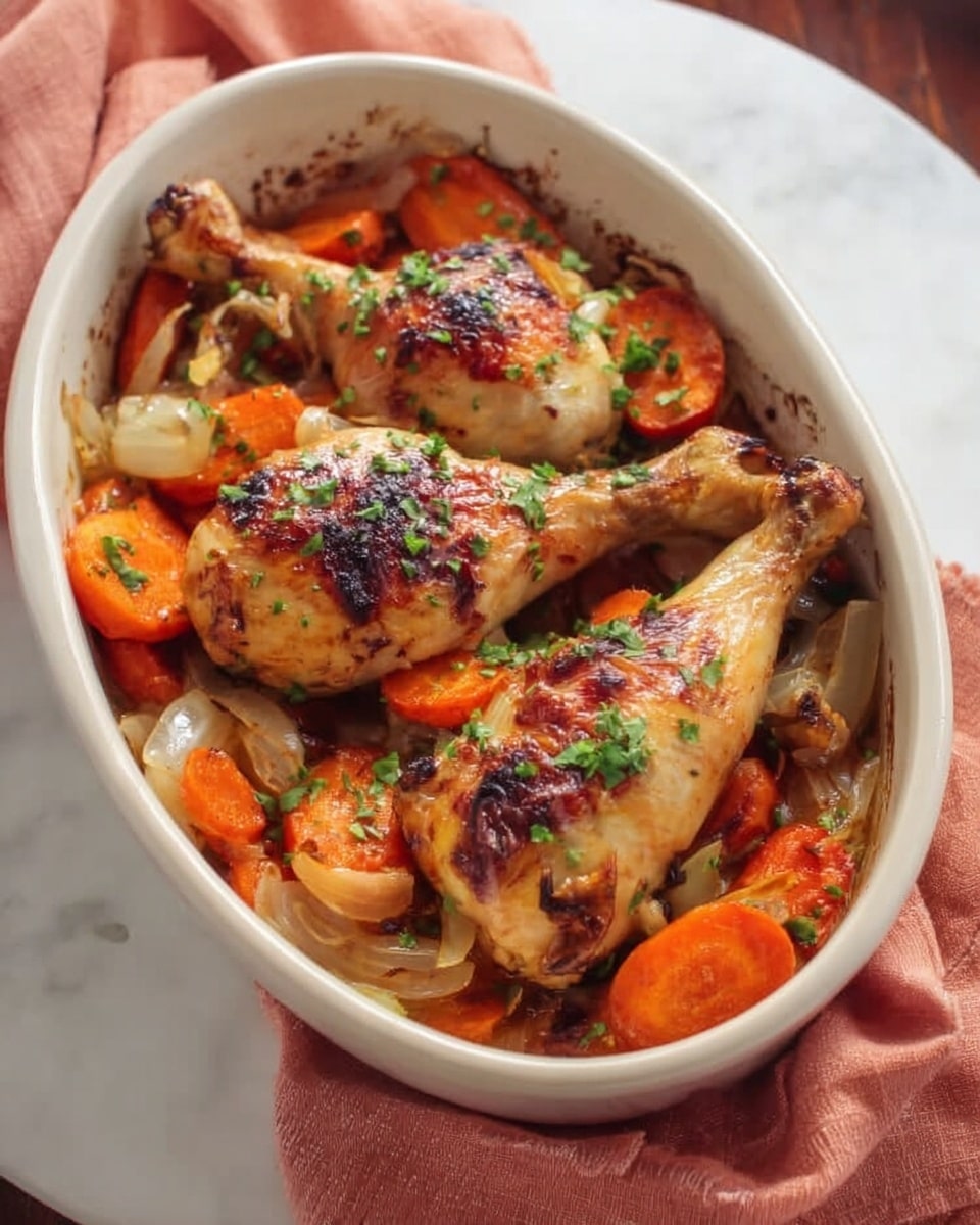 A white oval baking dish holds three golden brown roasted drumsticks placed on a bed of roasted carrot slices and chopped onions. The drumsticks have a slightly charred look with crispy skin and are sprinkled with chopped green herbs. The dish is set on a white marbled surface with a soft pink cloth partially visible beneath it. Photo taken with an iphone --ar 4:5 --v 7
