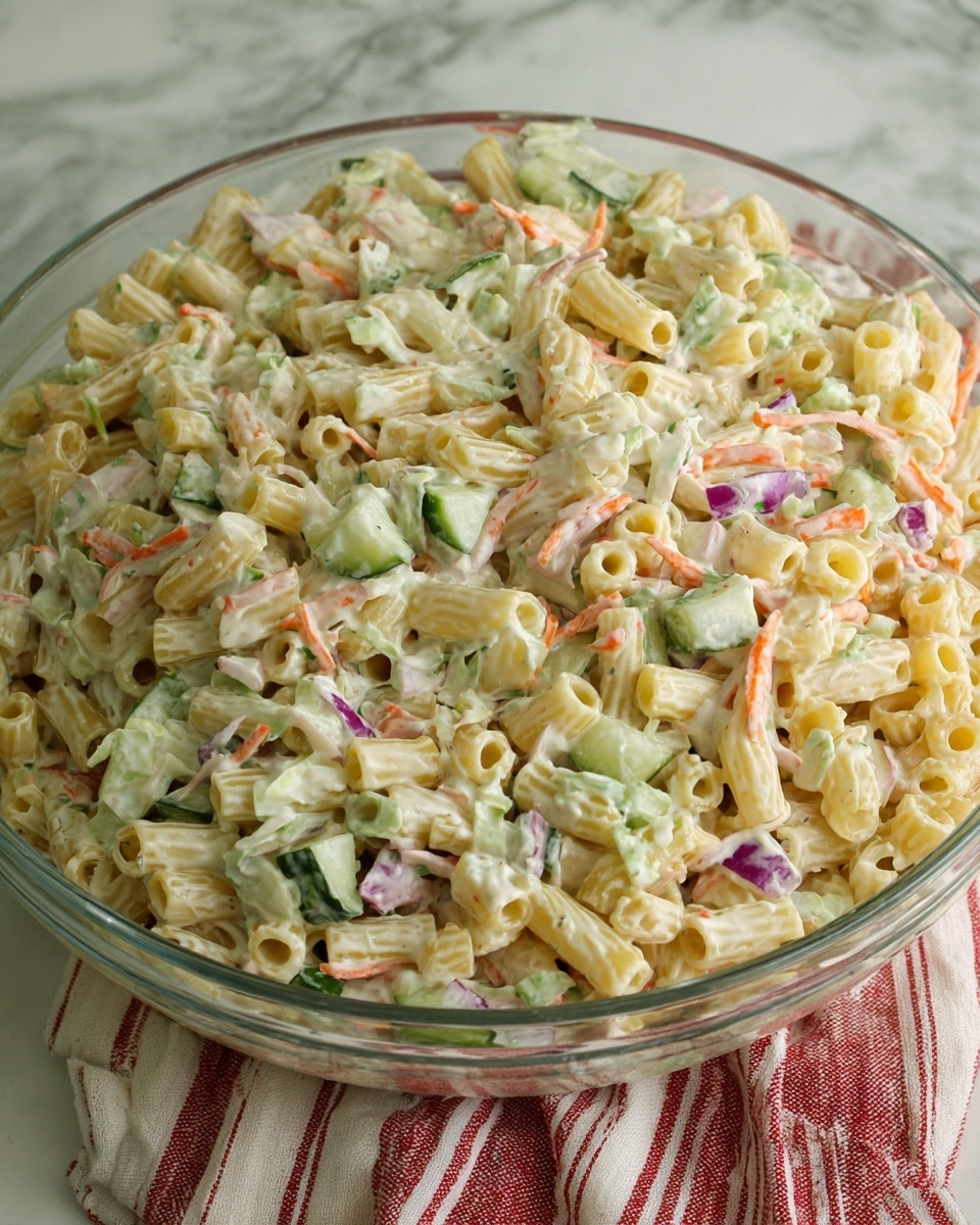 A clear glass bowl filled with a mixed salad showing three main layers: small pale yellow pasta tubes evenly spread throughout, light green cucumber chunks scattered evenly, and thin white cabbage shreds mixed in with some orange carrot strips and hints of purple cabbage, all coated in a creamy white dressing that lightly covers each piece. The bowl sits on a white marbled surface with a red and white striped cloth partly visible underneath. photo taken with an iphone --ar 4:5 --v 7