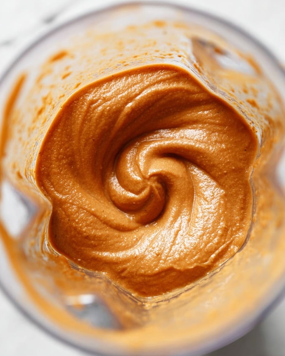 A close-up of a blender's inside, filled with a thick smooth puree that spirals toward the center in a swirl pattern. The puree is a warm orange-brown color with a creamy texture that looks soft and well-blended. The transparent blender container has subtle reflections of light, showing the curves and edges clearly, all set against a white marbled texture in the background. Photo taken with an iphone --ar 4:5 --v 7